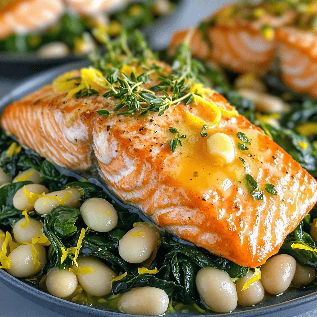 For this delightful dish, you need a few key ingredients. First, grab <strong>two salmon fillets</strong>. These are rich in healthy fats and protein. Next, you will need <strong>three tablespoons of unsalted butter</strong>. This gives the dish its rich flavor. You also need <strong>four cloves of minced garlic</strong>. Garlic adds a tasty punch. Don’t forget <strong>fresh thyme leaves</strong> and <strong>lemon zest</strong> for that bright flavor.” /></p>
</p>
<h2>What Cooking Techniques Should You Use for Perfect Salmon?</h2>
</p>
<p>To cook salmon perfectly, you need to focus on a few key techniques. First, you should always start with fresh salmon. This makes a big difference in taste and texture.</p>
</p>
<h3>What is the Best Method to Sear Salmon?</h3>
</p>
<p>The best method to sear salmon is in a hot skillet. Use medium heat and add a little oil or butter. Place the salmon skin-side down. This helps create a nice crust. Cook for about 4 to 5 minutes. Then, gently flip the salmon over. Cook for another 3 to 4 minutes. This method gives you a crispy skin and tender fish.</p>
</p>
<h3>How Long Should You Cook Salmon for Optimal Flavor?</h3>
</p>
<p>Cooking time can vary based on thickness. Generally, salmon needs about 8 to 10 minutes total. You want it to flake easily with a fork. If it looks bright and opaque, it is done. Using a timer can help you avoid overcooking.</p>
</p>
<h3>What Are Common Mistakes to Avoid When Cooking Salmon?</h3>
</p>
<p>One common mistake is starting with a cold pan. Always heat your skillet first. Another mistake is overcrowding the pan. This can lower the temperature and steam the fish. Lastly, don’t play with the salmon too much. Let it sit in the pan to form a crust.</p>
</p>
<p>Using these techniques will help you achieve perfect salmon every time. For a great recipe, check the Full Recipe for Garlic Butter Salmon & Lemon White Beans.</p>
</p>
<h2>How Do You Prepare the Lemon White Beans?</h2>
</p>
<p>To prepare lemon white beans, start with a few key ingredients. You need a can of white beans, lemon juice, spinach, and olive oil. You can use cannellini or great northern beans for the best flavor.</p>
</p>
<h3>What Ingredients Are Needed for the White Beans?</h3>
</p>
<p>For this dish, gather these ingredients:</p>
<p>– 1 can of white beans (15 oz)</p>
<p>– 1 lemon (juiced)</p>
<p>– 2 cups baby spinach</p>
<p>– 1 tablespoon olive oil</p>
<p>– Salt and pepper to taste</p>
</p>
<p>These ingredients create a light and bright flavor. You can also add garlic or herbs for extra taste.</p>
</p>
<h3>How Do You Cook the White Beans with Spinach?</h3>
</p>
<p>First, heat olive oil in a skillet over medium heat. Add the drained white beans and stir gently. Pour in the lemon juice and mix well. Cook for about three to five minutes until the beans are warm. Then, add the baby spinach. Stir until the spinach wilts, which takes about a minute. Season with salt and pepper to your liking.</p>
</p>
<h3>What Are the Benefits of Adding Lemon to Beans?</h3>
</p>
<p>Adding lemon to beans enhances their flavor and adds health benefits. Lemon juice is rich in vitamin C. It helps your body absorb nutrients better. The bright taste of lemon also balances the creaminess of the beans. This makes for a refreshing dish that pairs well with garlic butter salmon.</p>
</p>
<p>This simple lemon white bean salad is a great addition to any meal. If you want a quick weeknight meal, this recipe fits perfectly. For the complete method, check the Full Recipe.</p>
</p>
<p><img decoding=