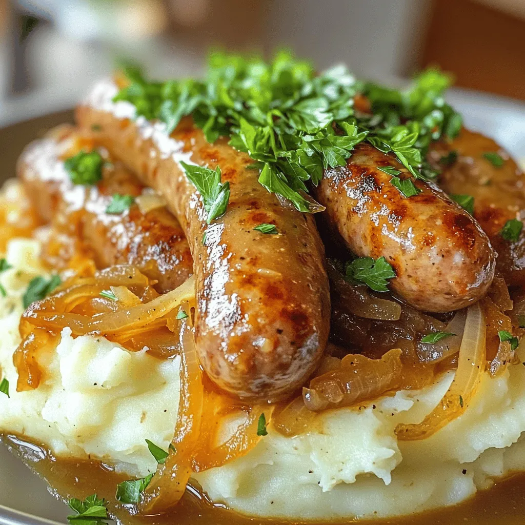 To make bangers and mash with onion gravy, you need a few key ingredients. First, you must have sausages. I prefer using six pork sausages. A mix of sweet and spicy types works best. This gives the dish a nice balance of flavors.