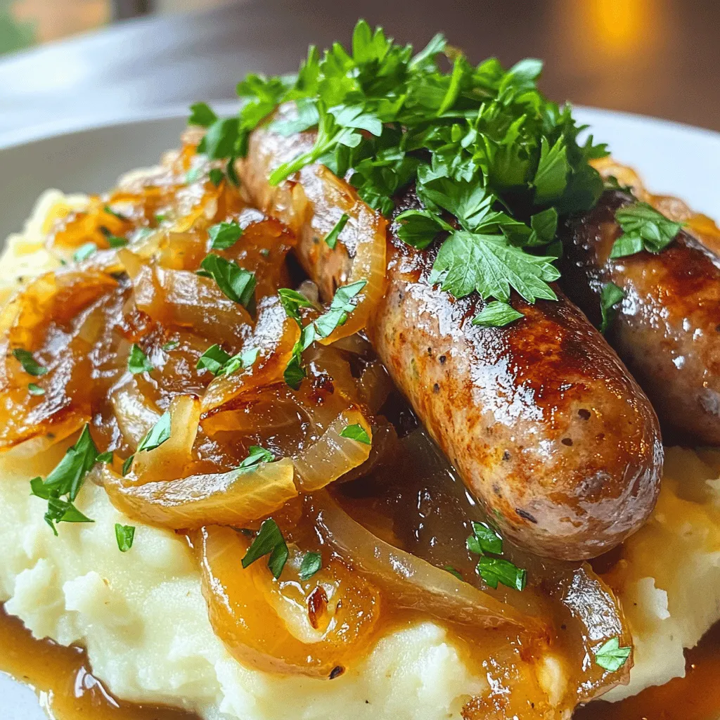 To make bangers and mash with onion gravy, you need a few key ingredients. First, you must have sausages. I prefer using six pork sausages. A mix of sweet and spicy types works best. This gives the dish a nice balance of flavors.