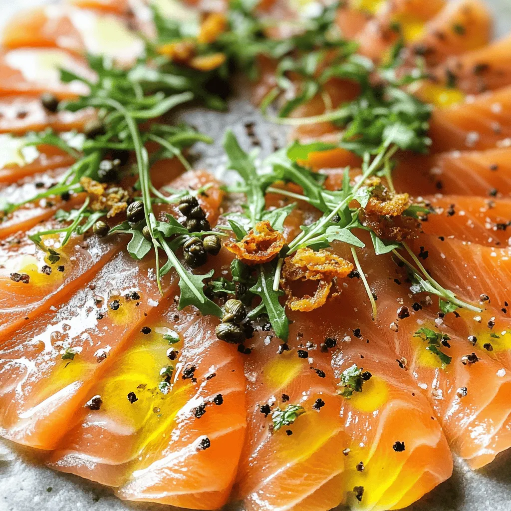 To create a great smoked salmon carpaccio, you need a few key ingredients. The main star is, of course, thinly sliced smoked salmon. Use about 8 ounces. This gives the dish its rich flavor. Next, you will need capers. About 1/4 cup of rinsed and drained capers works well. They add a salty crunch that balances the salmon.