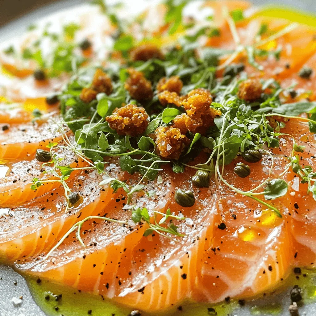 To create a great smoked salmon carpaccio, you need a few key ingredients. The main star is, of course, thinly sliced smoked salmon. Use about 8 ounces. This gives the dish its rich flavor. Next, you will need capers. About 1/4 cup of rinsed and drained capers works well. They add a salty crunch that balances the salmon.