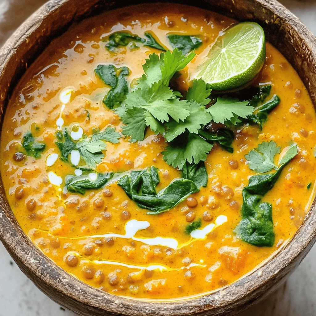 To create a delicious creamy coconut curry lentil soup, you need some key ingredients. The first is <strong>red lentils</strong>. They cook quickly and add a lovely texture. You will also need <strong>onion</strong>, <strong>garlic</strong>, and <strong>ginger</strong> for flavor. These aromatics form a tasty base for the soup.” /></p>
</p>
<h2>What Are Some Variations of Coconut Curry Lentil Soup?</h2>
</p>
<p>You can change up your coconut curry lentil soup in many fun ways. Let’s explore some tasty options.</p>
</p>
<h3>Popular Flavor Combinations</h3>
</p>
<p>You can mix flavors to create a unique taste. Try adding lemongrass for a bright kick. Cilantro adds freshness, while a squeeze of lime gives zest. For heat, toss in red pepper flakes or fresh chili. These add depth and make the soup more exciting.</p>
</p>
<h3>Altering Ingredients for Different Diets</h3>
</p>
<p>This soup fits many diets. If you’re vegan, it’s already plant-based. You can use vegetable broth for added flavor. If you want a nut-free version, swap out coconut milk for oat or soy milk. You can also add carrots or sweet potatoes for extra nutrition and sweetness.</p>
</p>
<h3>Global Influences on Lentil Soup Recipes</h3>
</p>
<p>Lentil soup has global roots. Indian recipes often use spices like garam masala. Middle Eastern versions might add lemon and cumin. You can even try adding Italian herbs like basil and oregano for a new twist. Each culture brings a unique flavor to this dish, making it endless in variety.</p>
</p>
<p>For the complete method to make this delicious soup, check out the Full Recipe.</p>
</p>
<h2>How Can You Enhance the Flavor of Your Lentil Soup?</h2>
</p>
<p>To boost the taste of your lentil soup, you can use various spices. Spices like coriander, cardamom, and chili powder add warmth and depth. Experiment with these spices for rich flavors. You can also mix fresh herbs like cilantro and mint for a fresh twist. These herbs brighten the soup and enhance the curry flavor.</p>
</p>
<p>Cooking techniques matter too. Toasting spices in oil before adding other ingredients brings out their full flavor. This step helps release aromatic oils. Sautéing onions, garlic, and ginger together also builds a strong flavor base. It makes the soup richer and more inviting.</p>
</p>
<p>For garnishing, be creative! Fresh cilantro adds color and a pop of flavor. Lime wedges give a zesty finish that brightens the dish. You can also sprinkle roasted nuts on top for crunch. Coconut flakes or a swirl of coconut cream can make it even more special.</p>
</p>
<p>These simple tips can transform your creamy coconut curry lentil soup into something truly delightful. For the complete recipe, check out the Full Recipe link.</p>
</p>
<p><img decoding=