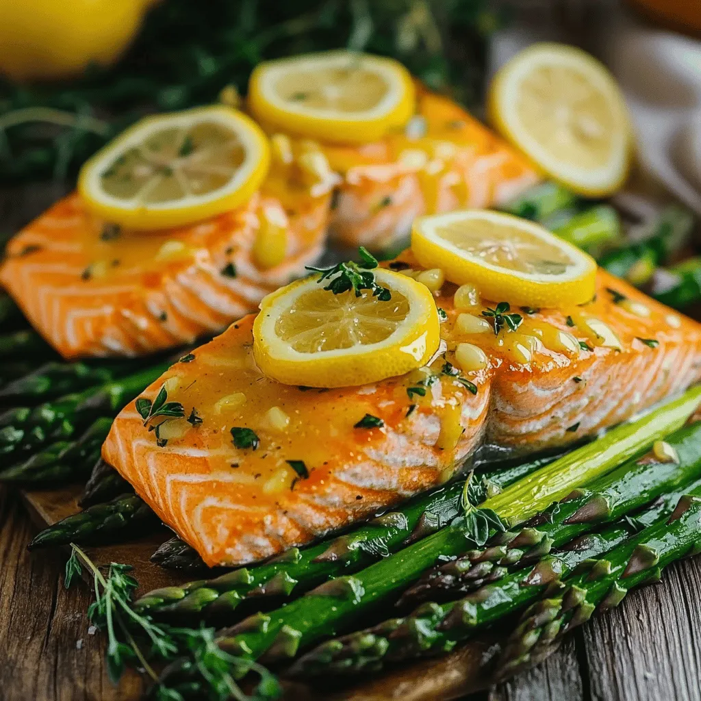 The heart of my baked salmon recipe lies in its fresh, simple ingredients. You will need four salmon fillets and one bunch of fresh asparagus. The asparagus must be trimmed for the best flavor and texture.