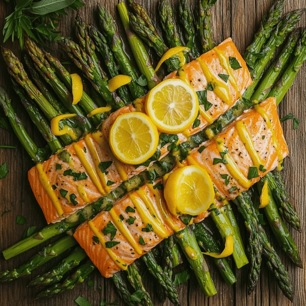 The heart of my baked salmon recipe lies in its fresh, simple ingredients. You will need four salmon fillets and one bunch of fresh asparagus. The asparagus must be trimmed for the best flavor and texture.