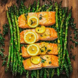 The heart of my baked salmon recipe lies in its fresh, simple ingredients. You will need four salmon fillets and one bunch of fresh asparagus. The asparagus must be trimmed for the best flavor and texture.