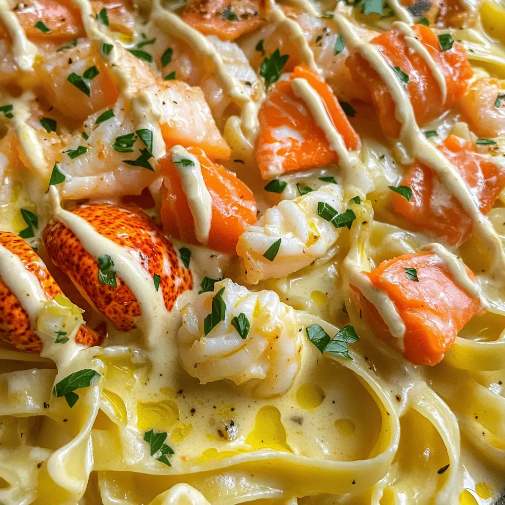 The main items in a cajun lobster alfredo recipe are seafood, pasta, and sauce. You need a lobster tail, crab meat, and salmon. These three seafood types give great taste and texture. Each brings its unique flavor to the dish.