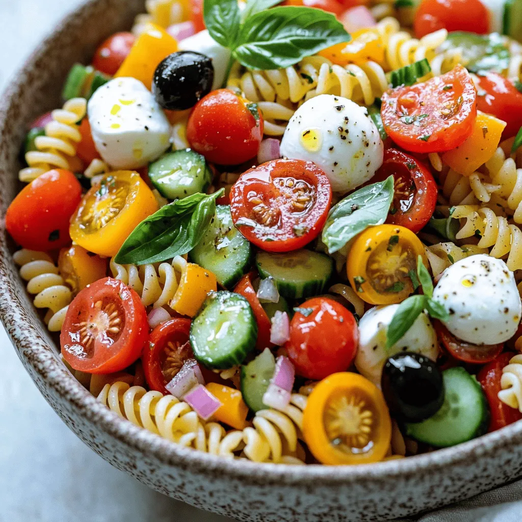 To make the best Italian pasta salad, you need fresh and colorful ingredients. Start with 12 oz. of tri-color rotini pasta. This pasta adds fun shapes and colors. Cook it until al dente, then cool it under cold water. This keeps the pasta from getting mushy.