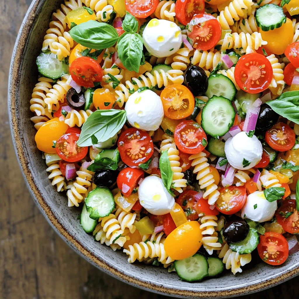 To make the best Italian pasta salad, you need fresh and colorful ingredients. Start with 12 oz. of tri-color rotini pasta. This pasta adds fun shapes and colors. Cook it until al dente, then cool it under cold water. This keeps the pasta from getting mushy.