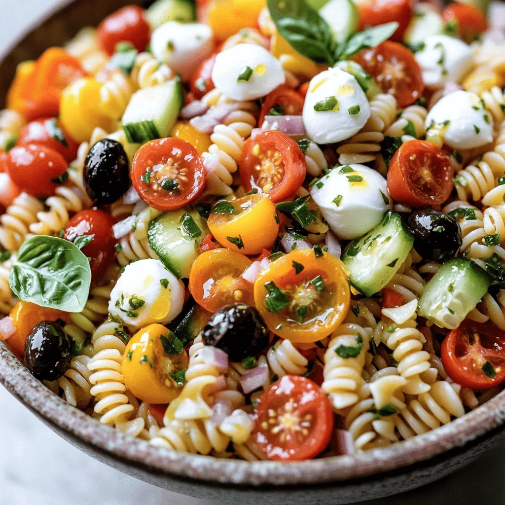 To make the best Italian pasta salad, you need fresh and colorful ingredients. Start with 12 oz. of tri-color rotini pasta. This pasta adds fun shapes and colors. Cook it until al dente, then cool it under cold water. This keeps the pasta from getting mushy.