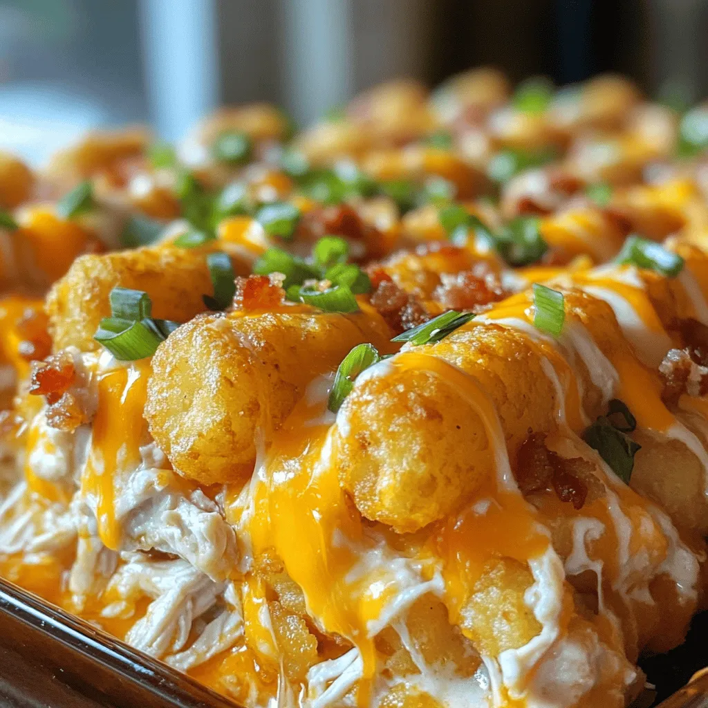 To make the best cracked out chicken tater tot casserole, you need a few key items. First, use two cups of cooked, shredded chicken. This gives the dish its hearty base. Next, grab a can of cream of chicken soup and a cup of sour cream. These add creaminess and flavor. You will also need one cup of shredded cheddar cheese, which makes everything cheesy and delicious. Don’t forget about the bacon—one cup of crumbled bacon adds a nice crunch. Finally, you need frozen tater tots, green onions, ranch seasoning, salt, and pepper. These ingredients create a filling and tasty meal.