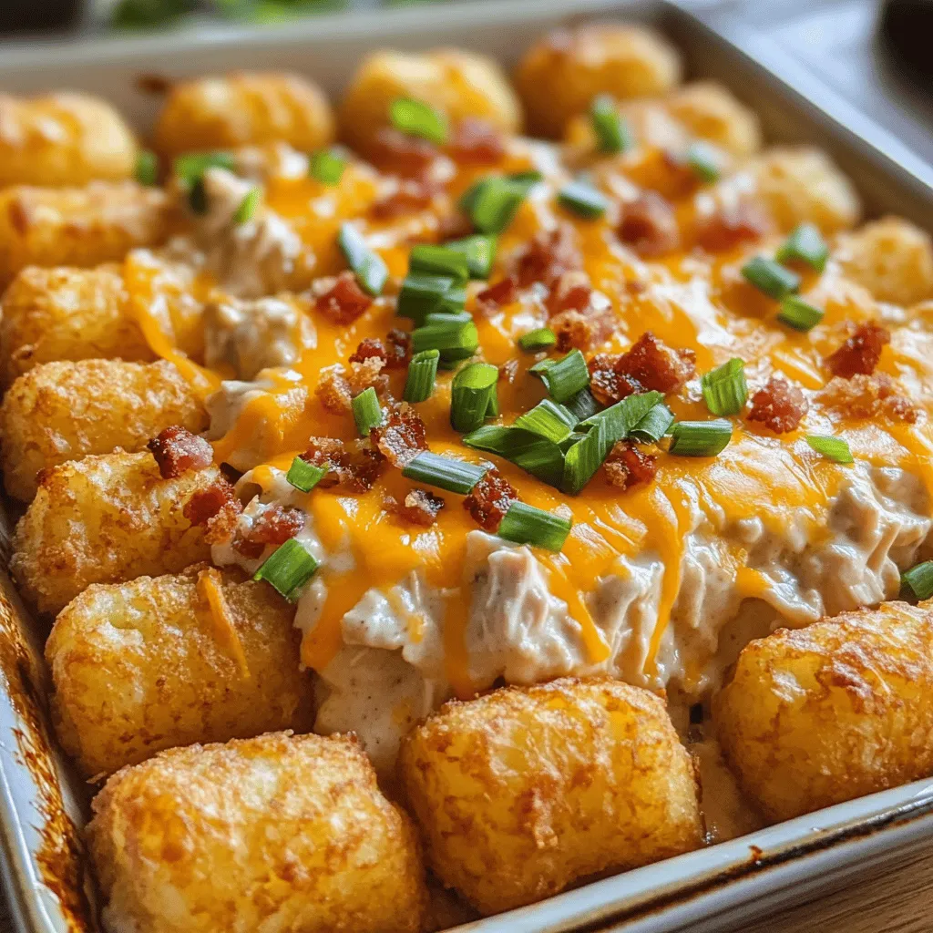 To make the best cracked out chicken tater tot casserole, you need a few key items. First, use two cups of cooked, shredded chicken. This gives the dish its hearty base. Next, grab a can of cream of chicken soup and a cup of sour cream. These add creaminess and flavor. You will also need one cup of shredded cheddar cheese, which makes everything cheesy and delicious. Don’t forget about the bacon—one cup of crumbled bacon adds a nice crunch. Finally, you need frozen tater tots, green onions, ranch seasoning, salt, and pepper. These ingredients create a filling and tasty meal.