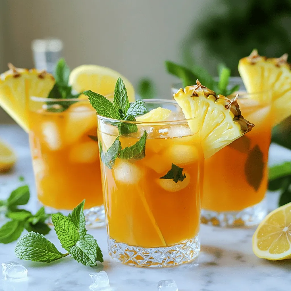 The key ingredients for lemony pineapple iced tea are simple yet vibrant. You need water, black tea bags, fresh pineapple juice, and fresh lemon juice. Honey adds sweetness, and ice cubes keep it cold. Fresh fruits and mint make this drink a colorful treat.