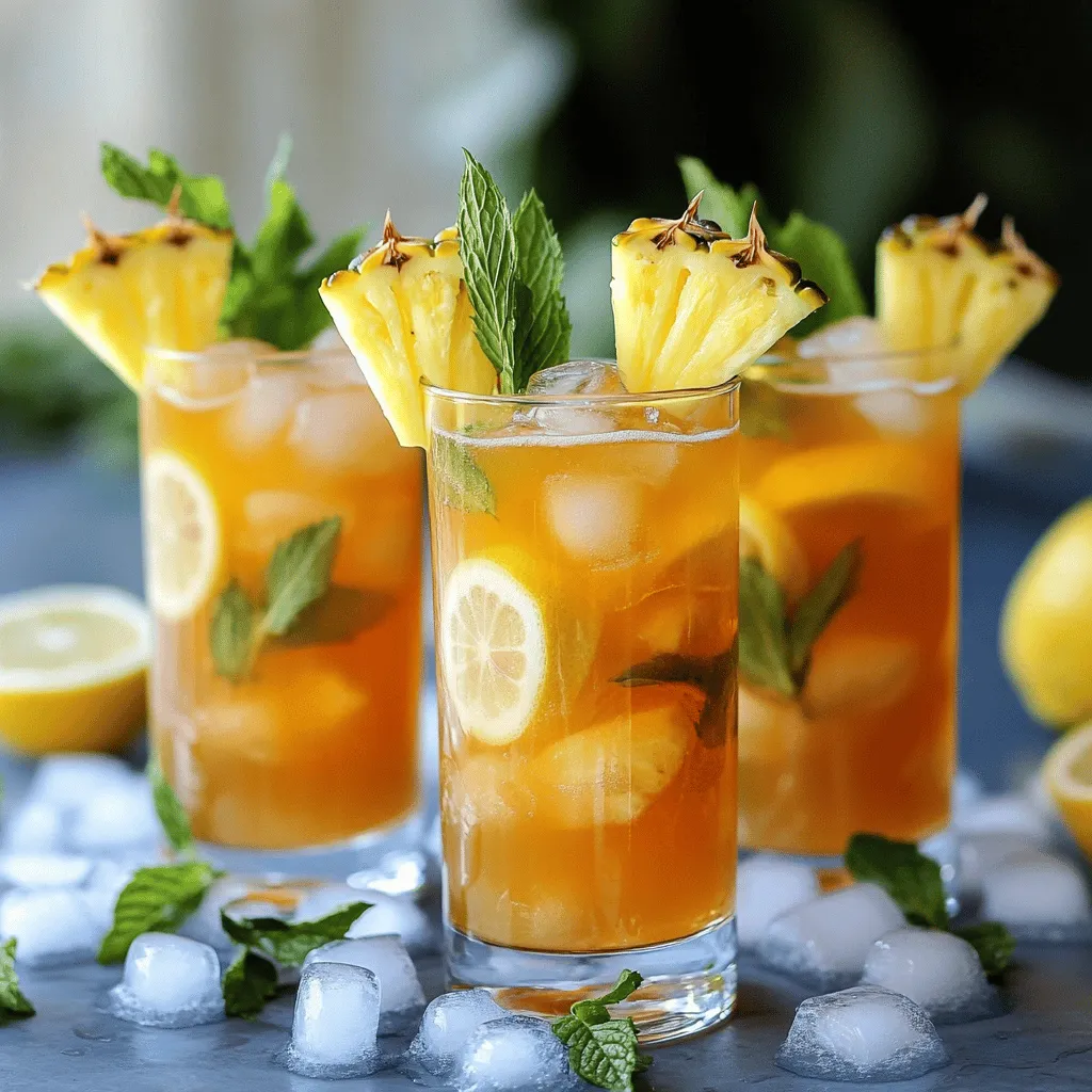 The key ingredients for lemony pineapple iced tea are simple yet vibrant. You need water, black tea bags, fresh pineapple juice, and fresh lemon juice. Honey adds sweetness, and ice cubes keep it cold. Fresh fruits and mint make this drink a colorful treat.