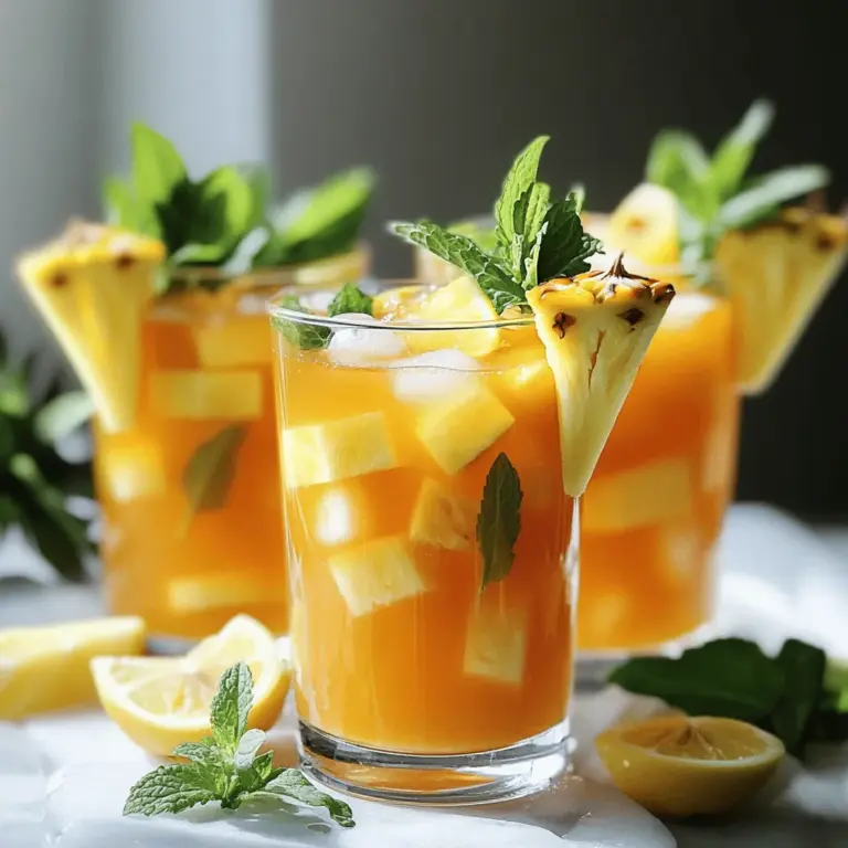 The key ingredients for lemony pineapple iced tea are simple yet vibrant. You need water, black tea bags, fresh pineapple juice, and fresh lemon juice. Honey adds sweetness, and ice cubes keep it cold. Fresh fruits and mint make this drink a colorful treat.