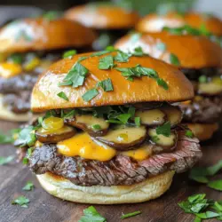 To make Cowboy Butter Steak Sliders, you need a few key ingredients. First, grab 1 pound of flank steak. This cut is perfect for sliders because it is tender and flavorful. You will also need salt and pepper to season the steak. Next, add 1 cup of sliced mushrooms. Shiitake or cremini mushrooms work well. You’ll need 1/2 cup of shredded cheddar cheese for that creamy taste. For the buns, pick up 4 slider buns to hold everything together.