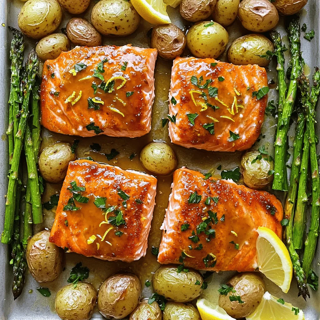 To make the sheet pan salmon recipe, gather these main ingredients. You need four salmon fillets, each about six ounces. A bunch of asparagus is also essential, trimmed for cooking. For the crispy potatoes recipe, you will need one pound of baby potatoes, halved for even cooking. Olive oil, garlic, paprika, lemon zest, and lemon juice add flavor. Finally, don't forget salt and pepper to taste.