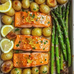 To make the sheet pan salmon recipe, gather these main ingredients. You need four salmon fillets, each about six ounces. A bunch of asparagus is also essential, trimmed for cooking. For the crispy potatoes recipe, you will need one pound of baby potatoes, halved for even cooking. Olive oil, garlic, paprika, lemon zest, and lemon juice add flavor. Finally, don't forget salt and pepper to taste.