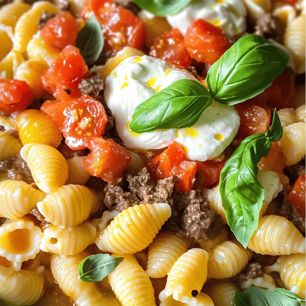 What are the essential ingredients for this recipe? For Savory Beef & Shell Pasta Bliss, you need a few key items. Start with 8 oz of shell pasta. Then, grab 1 lb of ground beef. You will also need 1 medium onion, 2 cloves of garlic, and a can of diced tomatoes. Don’t forget 1 cup of beef broth and 1 tablespoon of tomato paste. For flavor, use 1 teaspoon of Italian seasoning and ½ teaspoon of red pepper flakes if you like some heat. Finally, have 1 cup of shredded mozzarella cheese, 2 tablespoons of olive oil, and fresh basil to garnish. Salt and pepper are a must for taste.