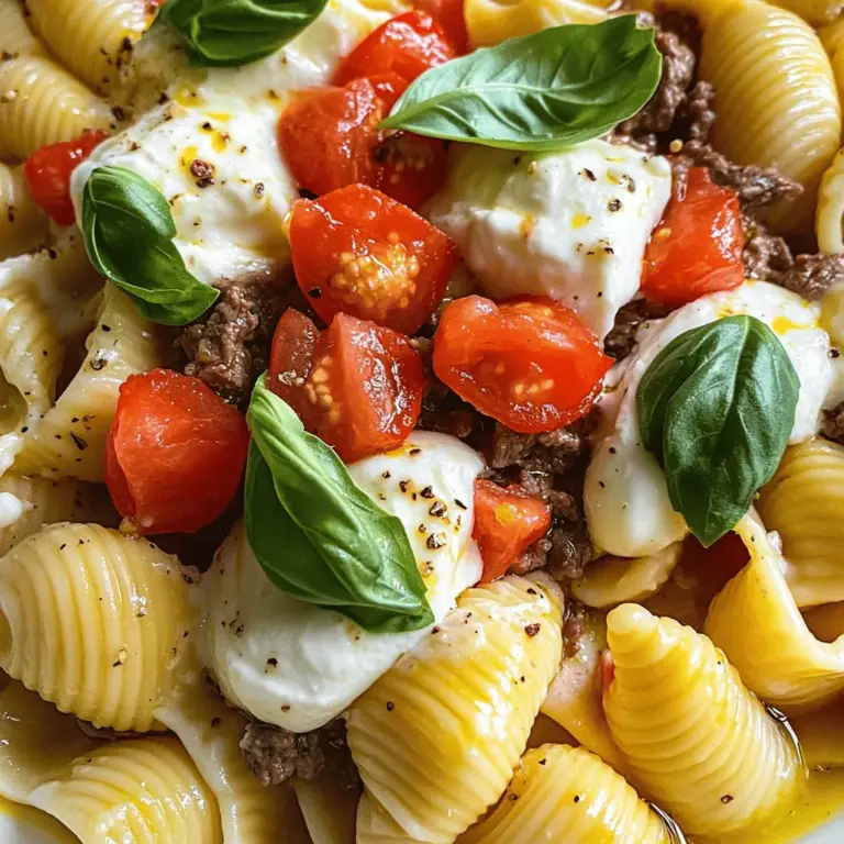 What are the essential ingredients for this recipe? For Savory Beef & Shell Pasta Bliss, you need a few key items. Start with 8 oz of shell pasta. Then, grab 1 lb of ground beef. You will also need 1 medium onion, 2 cloves of garlic, and a can of diced tomatoes. Don’t forget 1 cup of beef broth and 1 tablespoon of tomato paste. For flavor, use 1 teaspoon of Italian seasoning and ½ teaspoon of red pepper flakes if you like some heat. Finally, have 1 cup of shredded mozzarella cheese, 2 tablespoons of olive oil, and fresh basil to garnish. Salt and pepper are a must for taste.