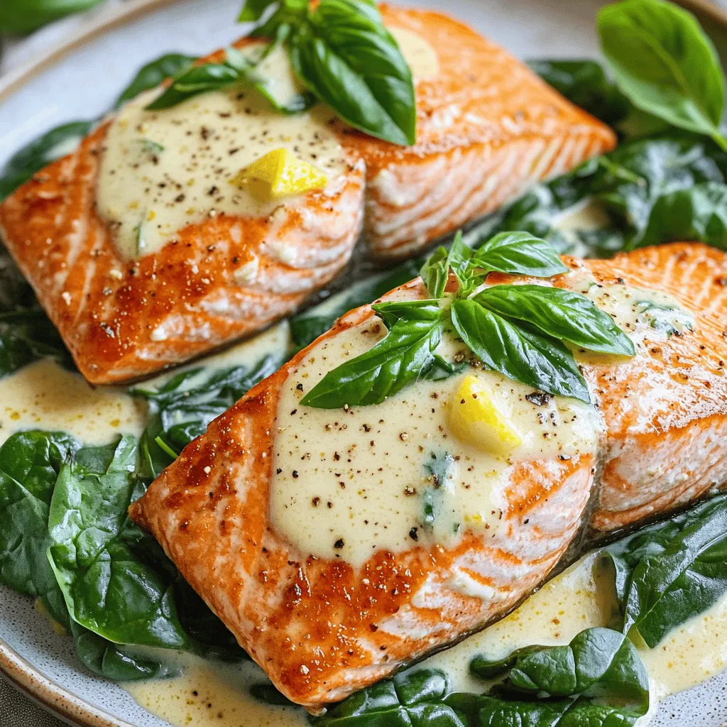 The <strong>pan-seared salmon recipe</strong> shines due to its simple yet flavorful ingredients. You will need fresh salmon, fresh spinach, and a few seasonings to create magic. For the salmon florentine recipe, I recommend using skin-on salmon fillets. The skin helps keep the fish moist and adds great flavor.” /></p>
</p>
<h2>What Is the Step-by-Step Process for Making Pan-Seared Salmon Florentine?</h2>
</p>
<h3>What are the detailed instructions for preparation?</h3>
<p>To start, you need to season the salmon. Pat each fillet dry with a paper towel. Sprinkle salt and pepper on both sides. Next, heat two tablespoons of olive oil in a skillet over medium-high heat. When the oil shimmers, add the salmon, skin-side down. Cook for about four to five minutes. This helps the skin get crispy. Flip the fillets and cook for another two to three minutes. Remove the salmon and keep it warm.</p>
</p>
<h3>How do you create the creamy sauce for the dish?</h3>
<p>In the same skillet, lower the heat to medium. Add two cloves of minced garlic and sauté for about 30 seconds. Then, add four cups of fresh spinach. Cook until the spinach wilts, which takes about two to three minutes. Now, it’s time to make the sauce. Pour in half a cup of heavy cream. Stir it with the garlic and spinach. Add a quarter cup of grated Parmesan, lemon zest, lemon juice, and a pinch of nutmeg. Mix until the cheese melts and the sauce is creamy.</p>
</p>
<h3>What tips can ensure the sauce and salmon are perfectly combined?</h3>
<p>To combine everything well, return the salmon to the skillet. Spoon the creamy sauce over the fillets. Heat it for another minute to warm through. This step helps the flavors blend. When serving, plate the salmon carefully. Drizzle with extra sauce and garnish with fresh basil leaves. This adds a nice touch to the dish. For a complete guide, refer to the Full Recipe.</p>
</p>
<h2>What Are Some Recommended Side Dishes for Pan-Seared Salmon Florentine?</h2>
</p>
<p>When you serve pan-seared salmon florentine, the right side dishes can make it shine. Here are some great options to consider.</p>
</p>
<h3>What low-carb options pair well with this dish?</h3>
</p>
<p>For low-carb sides, try sautéed zucchini or cauliflower rice. These sides keep the meal light. You can slice zucchini into thin rounds and sauté them in olive oil. Cauliflower rice is easy to make; just pulse cauliflower florets in a food processor. Both options soak up the flavors from the salmon.</p>
</p>
<h3>Can you suggest healthy vegetable sides?</h3>
</p>
<p>Healthy vegetable sides like roasted asparagus or steamed broccoli work well. Roasting asparagus brings out its natural sweetness. Toss it with olive oil, salt, and pepper, then roast until tender. For steamed broccoli, just steam until bright green but still crisp. These veggies add color and nutrients to your plate.</p>
</p>
<h3>How to choose a side that complements the creamy sauce?</h3>
</p>
<p>Choose sides that balance the creamy sauce of the salmon. Light, fresh options like a simple salad are great. A mix of baby greens with lemon vinaigrette clears the palate and adds crunch. You can also serve quinoa, which has a nutty flavor and pairs well with the creaminess.</p>
</p>
<p>These side dishes enhance your meal and keep it healthy. For more detailed cooking steps, check the full recipe.</p>
</p>
<p><img decoding=