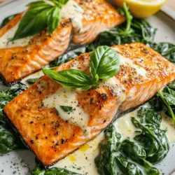 The pan-seared salmon recipe shines due to its simple yet flavorful ingredients. You will need fresh salmon, fresh spinach, and a few seasonings to create magic. For the salmon florentine recipe, I recommend using skin-on salmon fillets. The skin helps keep the fish moist and adds great flavor.