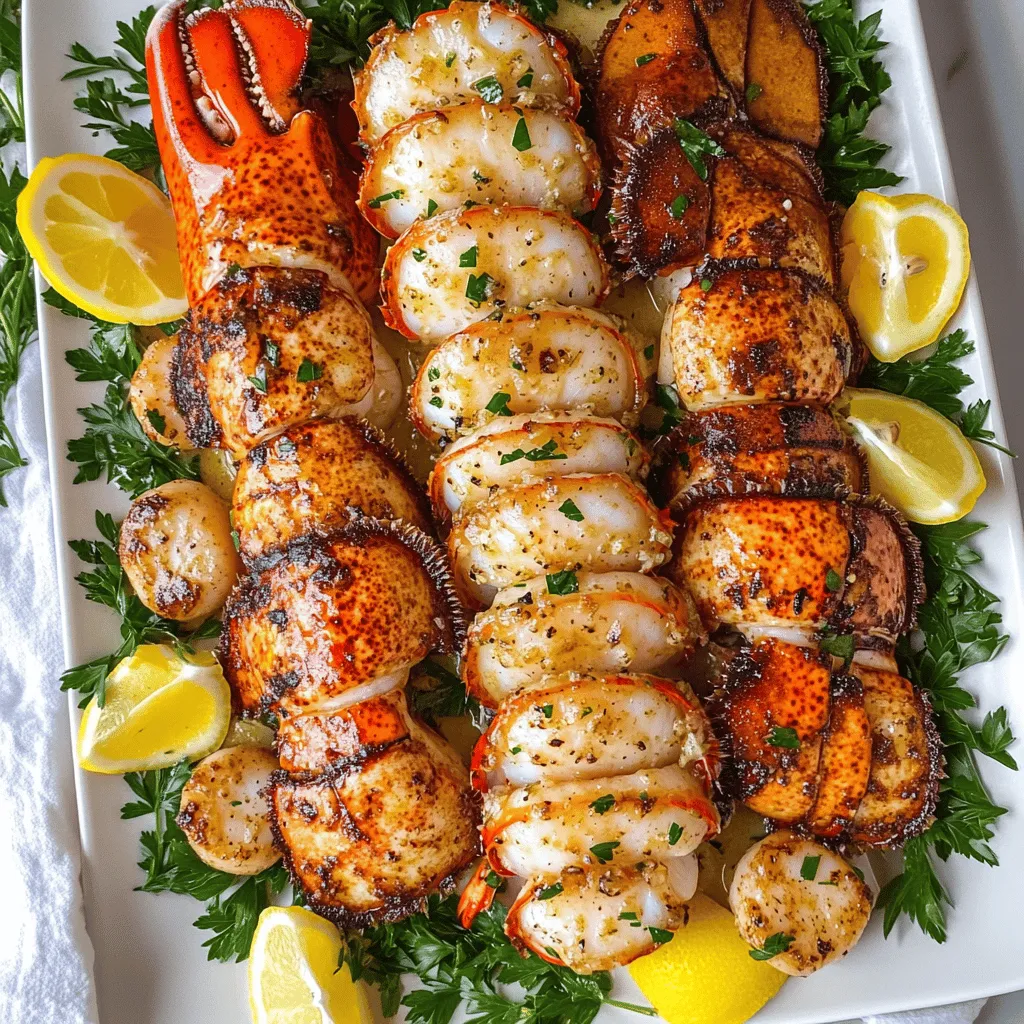 To create a delightful garlic butter lobster tail and scallops dinner, you need fresh, high-quality ingredients. The key items are: