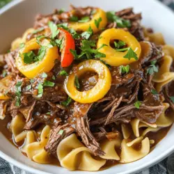 To make Savory Mississippi Beef Noodles, you need some key ingredients. The base of this dish is beef chuck roast. This cut is great because it becomes tender and flavorful when cooked slowly. You will also need olive oil for searing the beef.