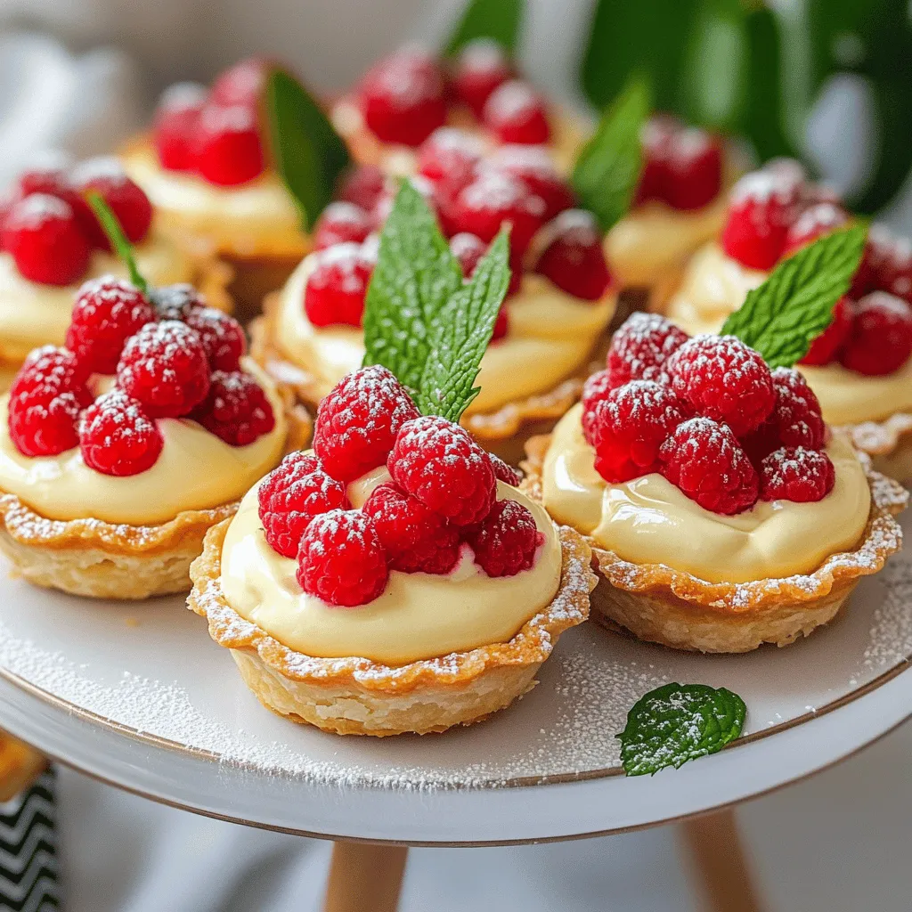 Vanilla cream tarts with fresh raspberries are a delightful treat. They feature a crisp tart shell filled with smooth vanilla cream. The tarts are topped with juicy, fresh raspberries that add a pop of color and flavor. This dessert is light yet satisfying, perfect for any occasion.