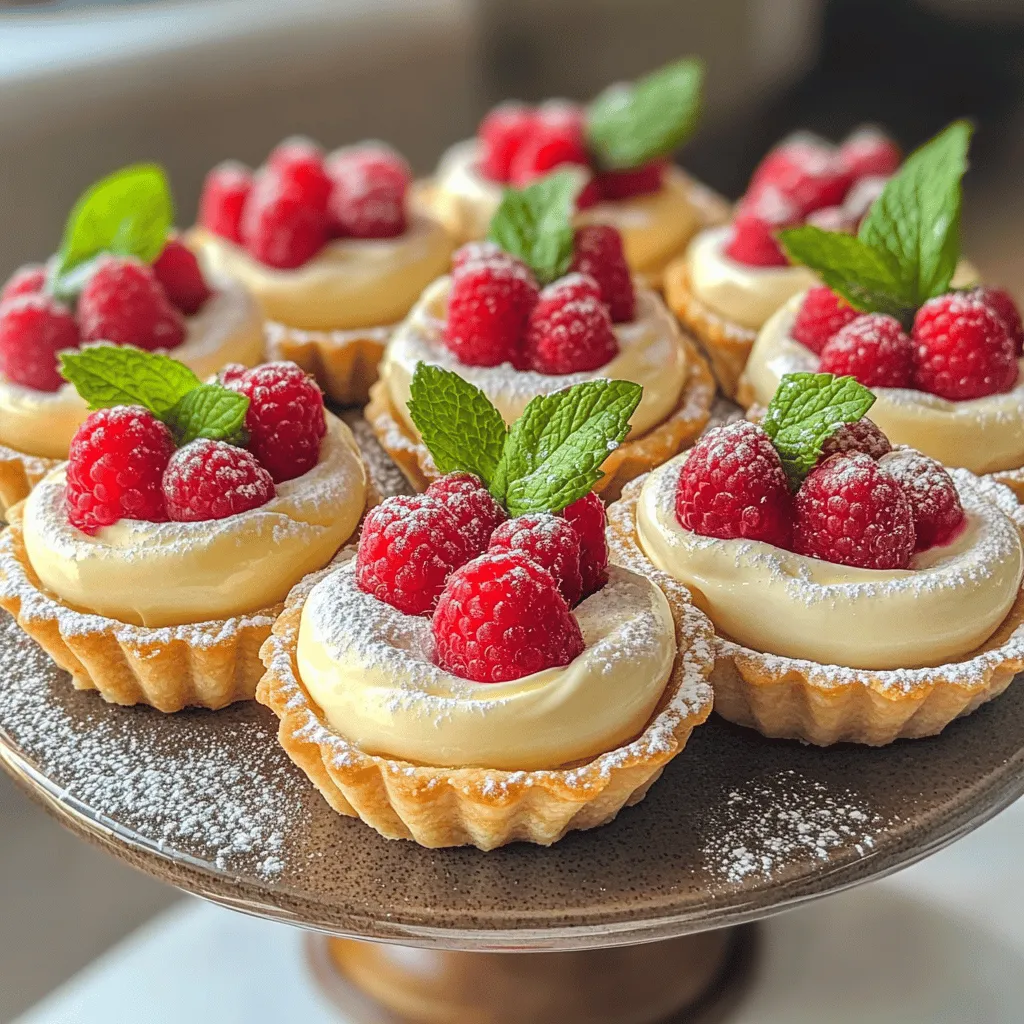 Vanilla cream tarts with fresh raspberries are a delightful treat. They feature a crisp tart shell filled with smooth vanilla cream. The tarts are topped with juicy, fresh raspberries that add a pop of color and flavor. This dessert is light yet satisfying, perfect for any occasion.