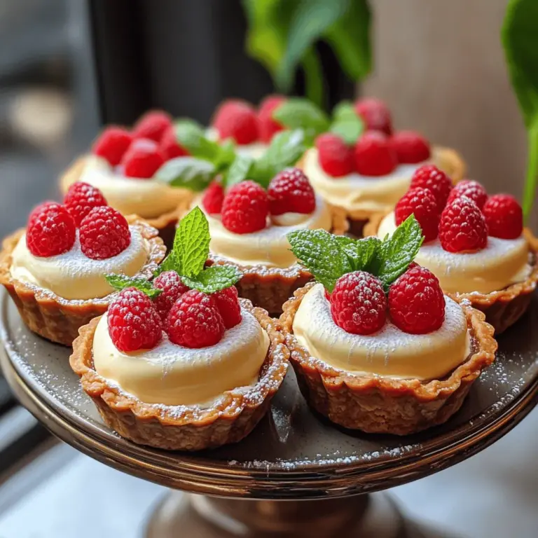 Vanilla cream tarts with fresh raspberries are a delightful treat. They feature a crisp tart shell filled with smooth vanilla cream. The tarts are topped with juicy, fresh raspberries that add a pop of color and flavor. This dessert is light yet satisfying, perfect for any occasion.