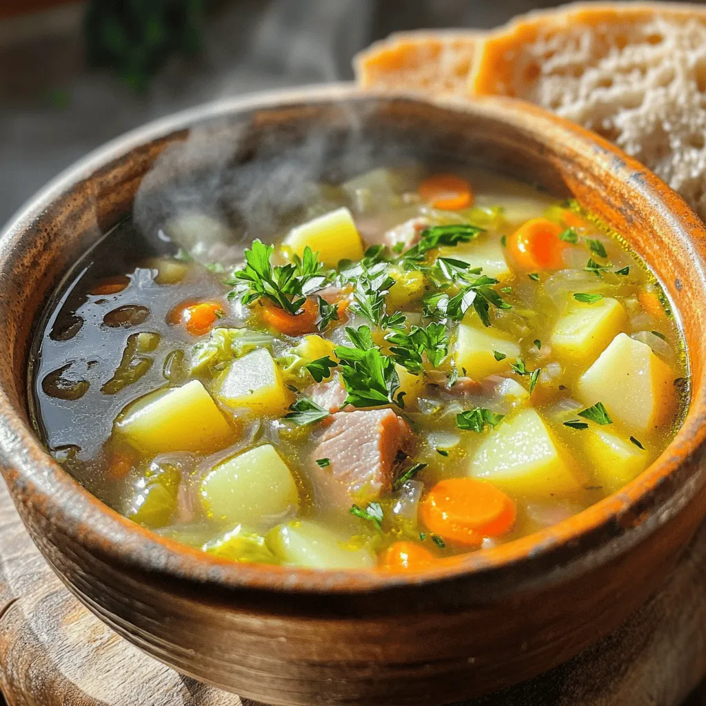 To make a great hearty ham bone soup, you need a few key ingredients. First, you need a large ham bone with some meat still attached. This bone adds rich flavor to the soup. Next, gather six cups of low-sodium chicken broth and two cups of water. The broth gives a solid base to your soup.