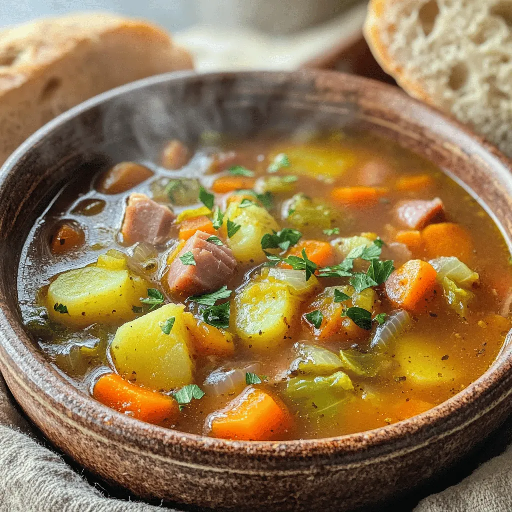 To make a great hearty ham bone soup, you need a few key ingredients. First, you need a large ham bone with some meat still attached. This bone adds rich flavor to the soup. Next, gather six cups of low-sodium chicken broth and two cups of water. The broth gives a solid base to your soup.