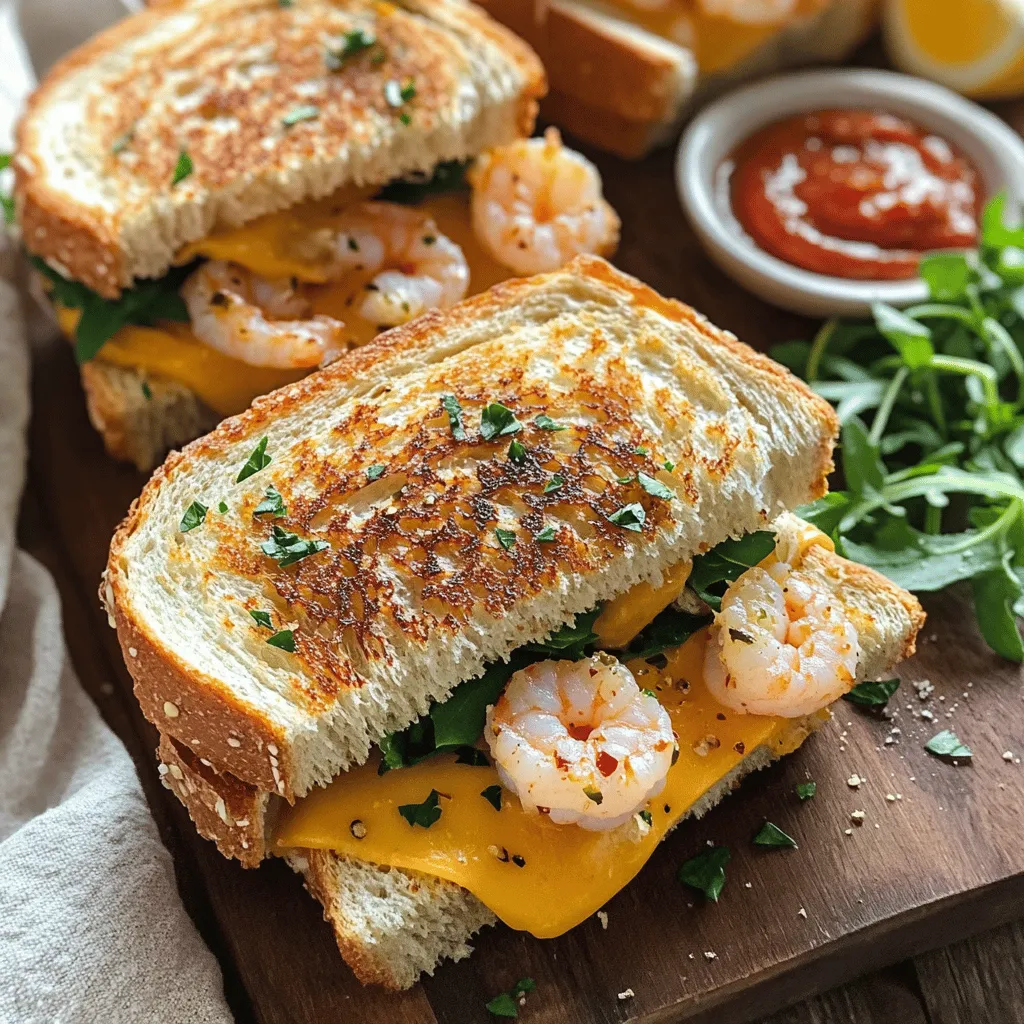 The garlic butter shrimp grilled cheese sandwich needs fresh shrimp, good cheese, and tasty bread.