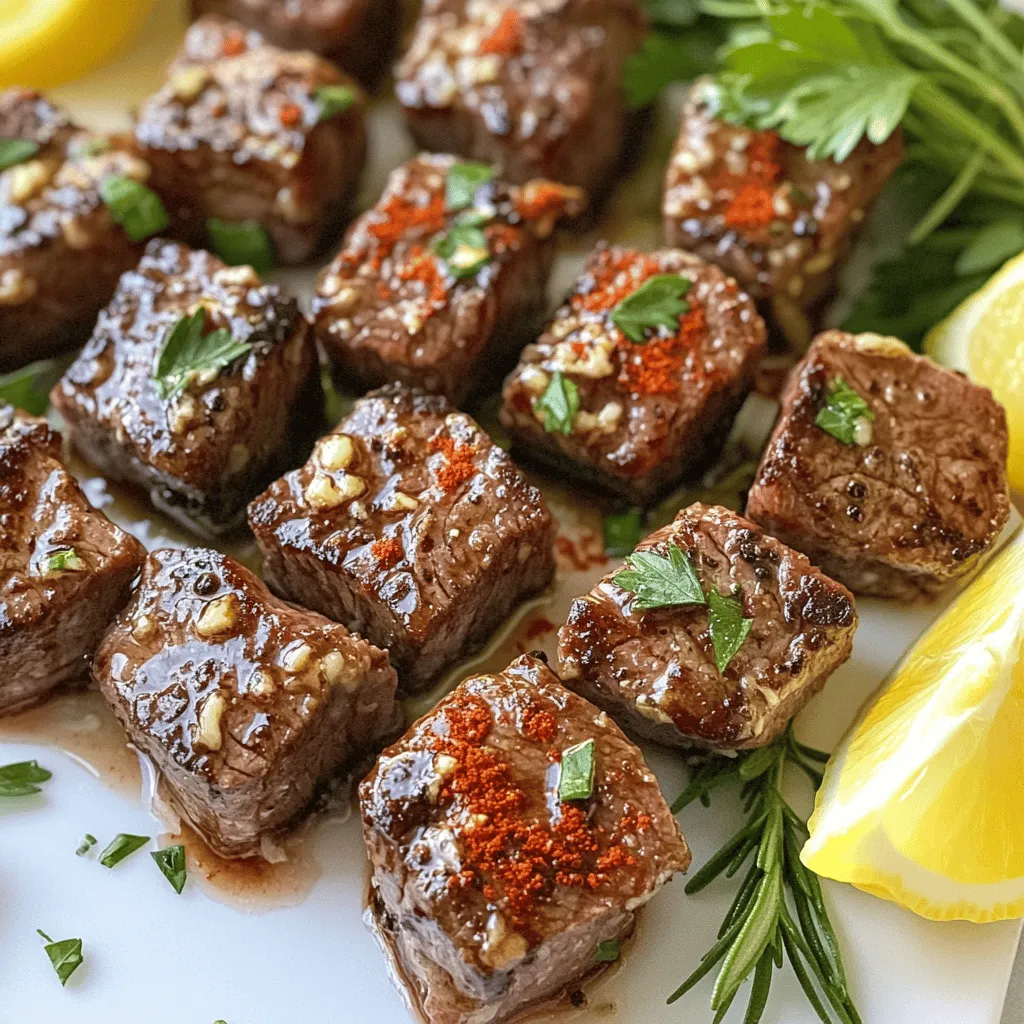 To make irresistible garlic butter steak bites, you need a few key ingredients. First, choose <strong>1 pound of sirloin steak</strong>, cut into <strong>1-inch cubes</strong>. Sirloin is tender and works great for this dish. You will also need <strong>4 tablespoons of unsalted butter</strong> for that rich flavor.” /></p>
</p>
<h2>What Cooking Methods Can Be Used for Steak Bites?</h2>
</p>
<p>Cooking steak bites can be quick and easy. The best method is pan-searing. This method gives the steak bites a nice crust. Use a hot skillet to achieve this. Start with a good amount of oil or butter. This helps the meat cook evenly.</p>
</p>
<p>To get that perfect sear, don’t rush. Place the steak bites in a single layer in the pan. Leave space between them. This way, they won’t steam. Cook for about 2-3 minutes on each side. Flip them only once for the best result.</p>
</p>
<p>You can also try using an air fryer. This method cooks them evenly and makes them crispy. Preheat the air fryer to 400°F. Cook the steak bites for about 8-10 minutes. Shake the basket halfway through for even cooking.</p>
</p>
<p>Another option is the oven. Preheat the oven to 450°F. Place the marinated steak bites on a baking sheet. Roast them for about 10-15 minutes. This method is great for large batches.</p>
</p>
<p>Whichever method you choose, remember to let the steak bites rest before serving. This allows the juices to redistribute. Enjoy your delicious steak bites! For a complete guide, check the Full Recipe.</p>
</p>
<h2>How Can You Enhance the Flavor of Garlic Butter Steak Bites?</h2>
</p>
<p>To enhance the flavor of garlic butter steak bites, start with fresh herbs. Rosemary and parsley work well. These herbs add a fresh taste that pairs nicely with garlic butter flavor. You can also try thyme or oregano for a twist. Just a small amount makes a big difference.</p>
</p>
<p>The garlic butter sauce is key to the flavor profile. This sauce gives the steak bites a rich, savory taste. It brings out the natural meat flavors while adding a warm, comforting touch. When you pour the garlic butter over the cooked steak, it coats each bite in deliciousness.</p>
</p>
<p>For variations, you can add a splash of soy sauce for a umami boost. A hint of chili flakes can bring heat to the dish. You could even swap out the steak for shrimp or chicken. This garlic butter sauce works well with many proteins. Each variation can create a new favorite dish in your home.</p>
</p>
<p>For the full recipe, check out the detailed instructions provided.</p>
</p>
<p><img decoding=