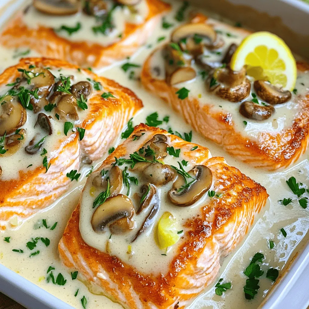 To make creamy garlic mushroom salmon, you need a few key ingredients. First, gather four salmon fillets, each about six ounces. You’ll also need one tablespoon of olive oil. Don’t forget salt and pepper for seasoning.