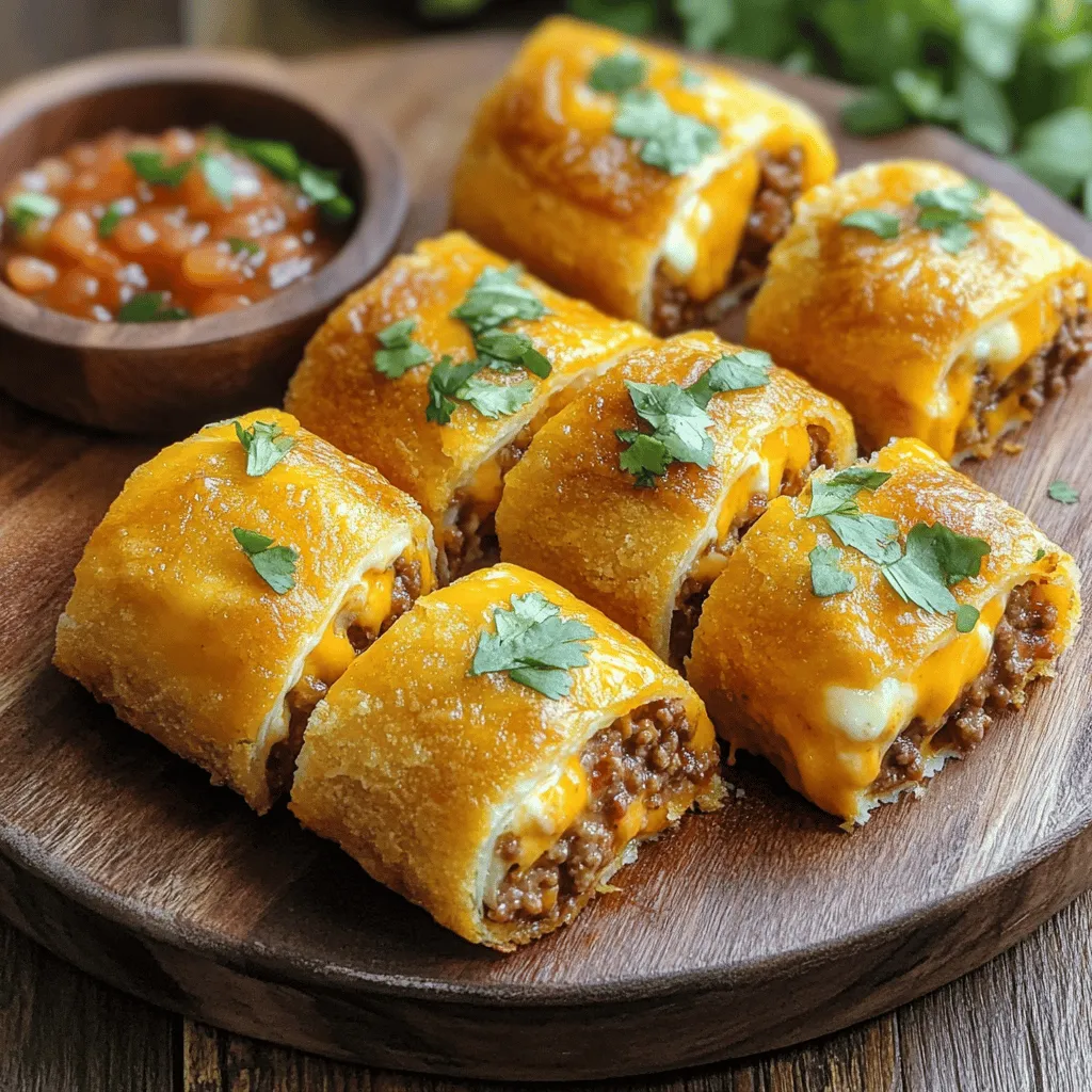 To make cheesy beefy roll-ups, you need simple and tasty ingredients. Start with 1 pound of ground beef. This gives you a hearty base. Next, grab 1 cup of shredded cheddar cheese and 1 cup of mozzarella cheese. These cheeses melt well and add great flavor. You'll also need 1/2 cup of softened cream cheese to make the filling creamy. Season with 1 teaspoon each of garlic powder, onion powder, and smoked paprika. Don’t forget salt and pepper to taste. You will need 6 large tortillas, either flour or whole wheat. Finally, some salsa for dipping and fresh cilantro for garnish will brighten the dish.