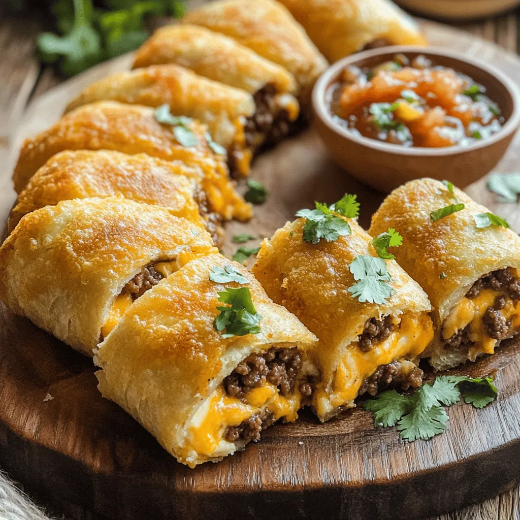 To make cheesy beefy roll-ups, you need simple and tasty ingredients. Start with 1 pound of ground beef. This gives you a hearty base. Next, grab 1 cup of shredded cheddar cheese and 1 cup of mozzarella cheese. These cheeses melt well and add great flavor. You'll also need 1/2 cup of softened cream cheese to make the filling creamy. Season with 1 teaspoon each of garlic powder, onion powder, and smoked paprika. Don’t forget salt and pepper to taste. You will need 6 large tortillas, either flour or whole wheat. Finally, some salsa for dipping and fresh cilantro for garnish will brighten the dish.