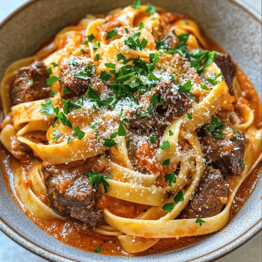 To create a rich beef pasta recipe, you need a few key ingredients. First, start with 1.5 pounds of beef stew meat. This cut is perfect for slow cooking, as it becomes tender over time.