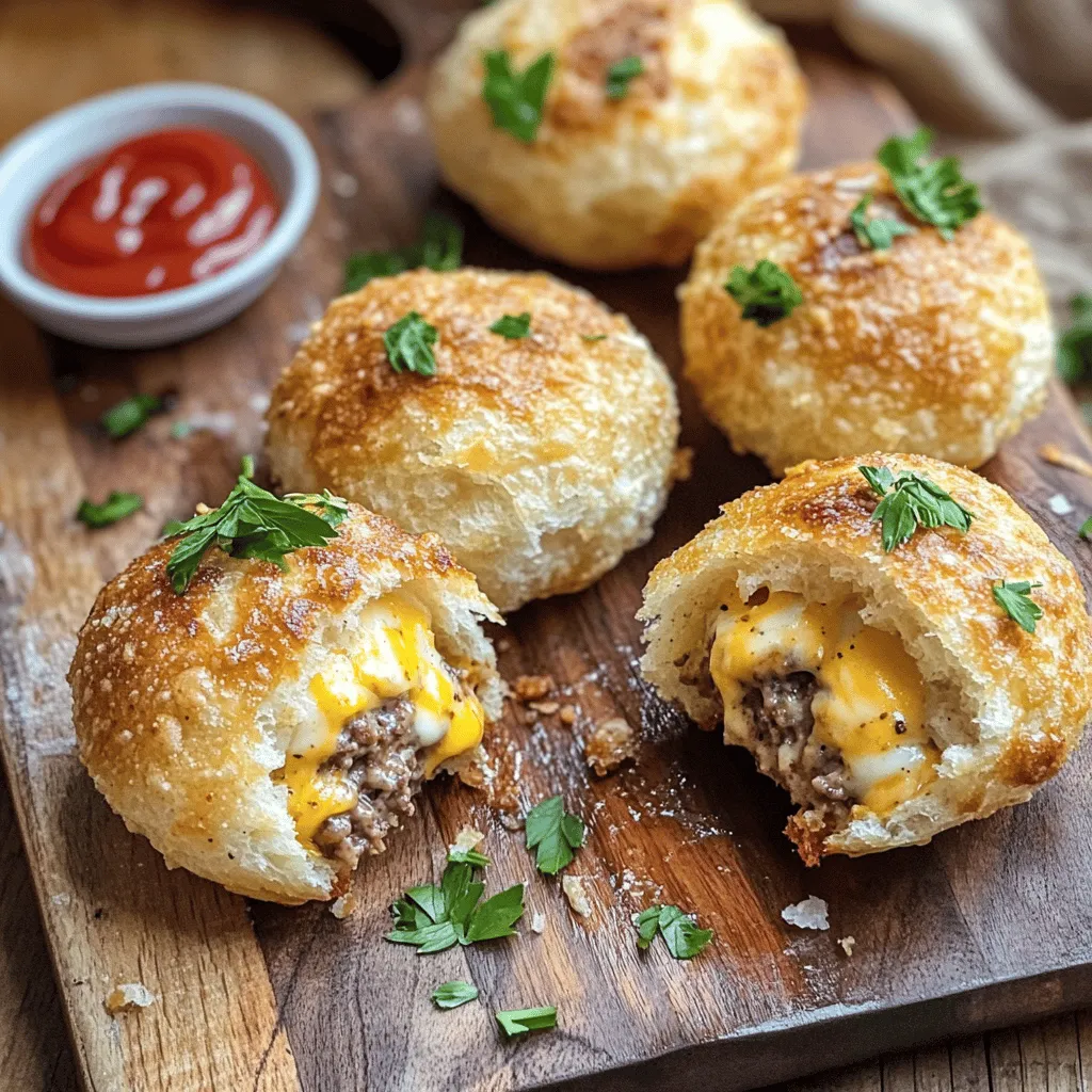 Garlic Parmesan cheeseburger bombs are tasty bites filled with beef and cheese. They combine ground beef, cream cheese, and cheddar cheese. I add garlic and Parmesan for a rich flavor. The dough is light and fluffy, making each bite a delight.