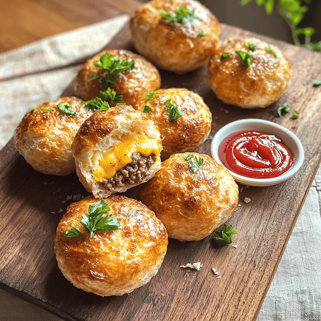 Garlic Parmesan cheeseburger bombs are tasty bites filled with beef and cheese. They combine ground beef, cream cheese, and cheddar cheese. I add garlic and Parmesan for a rich flavor. The dough is light and fluffy, making each bite a delight.