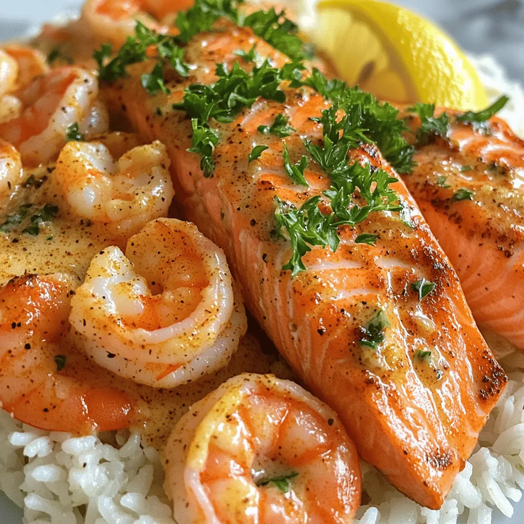 To make a great Cajun shrimp recipe, you need fresh ingredients. The key players in this dish are shrimp and salmon. I use one pound of shrimp, peeled and deveined, and two salmon fillets, around six ounces each. Cajun seasoning is a must; you need two tablespoons for that spicy kick.