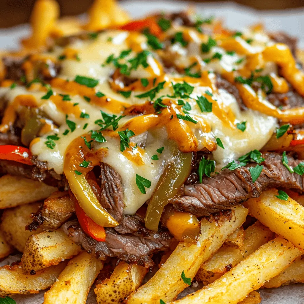 Philly Cheesesteak Fries mix two favorites: fries and cheesesteaks. They are tasty and fun to eat. You start with crispy fries. Then, you add juicy steak, peppers, and onion. Finally, you top it with melted cheese. The result is a dish that fills you up and delights your taste buds.