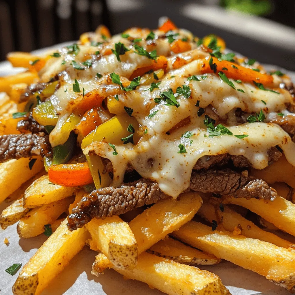 Philly Cheesesteak Fries mix two favorites: fries and cheesesteaks. They are tasty and fun to eat. You start with crispy fries. Then, you add juicy steak, peppers, and onion. Finally, you top it with melted cheese. The result is a dish that fills you up and delights your taste buds.