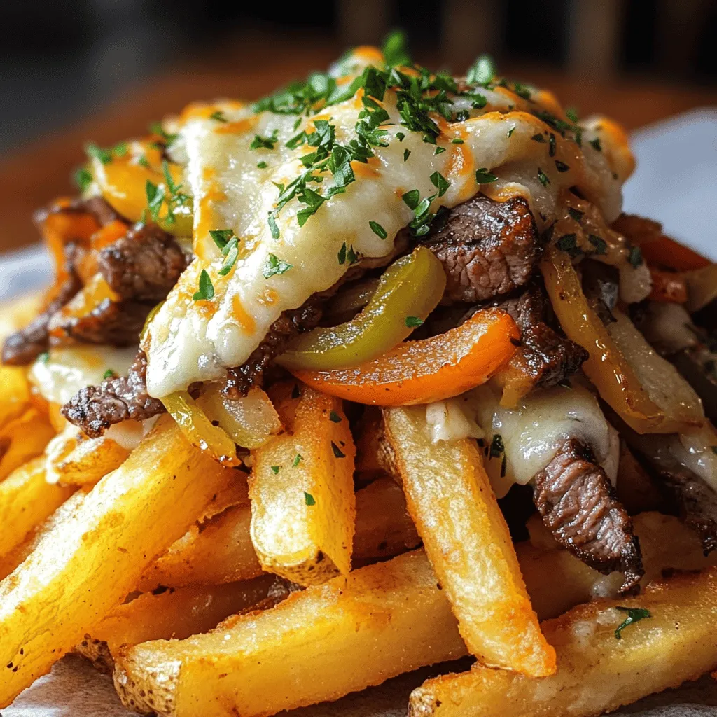 Philly Cheesesteak Fries mix two favorites: fries and cheesesteaks. They are tasty and fun to eat. You start with crispy fries. Then, you add juicy steak, peppers, and onion. Finally, you top it with melted cheese. The result is a dish that fills you up and delights your taste buds.