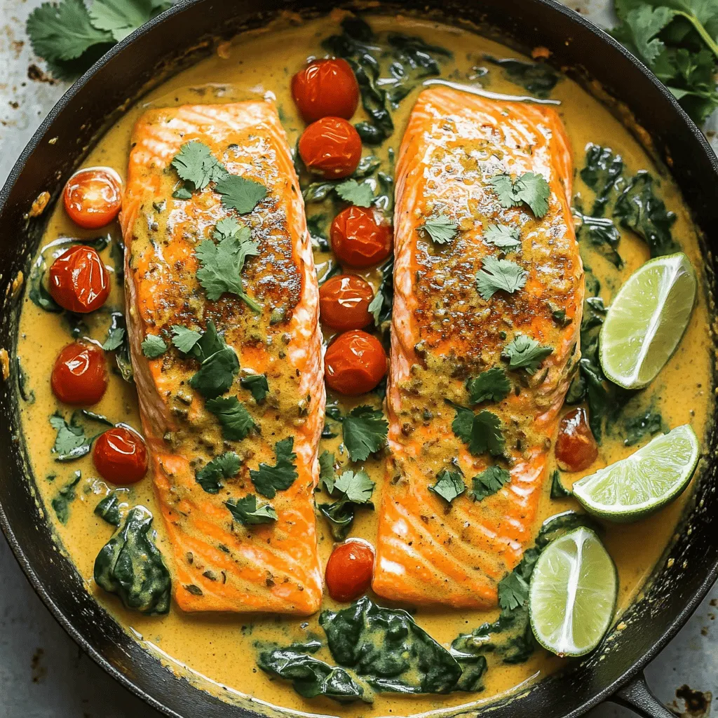 To make a Coconut Curry Salmon with Garlic Butter recipe, you need several key ingredients. First, you will need four salmon fillets. Fresh salmon is best for flavor and texture. Next, grab a can of coconut milk, which adds creaminess. You will also need red curry paste, which gives the dish its spicy kick.