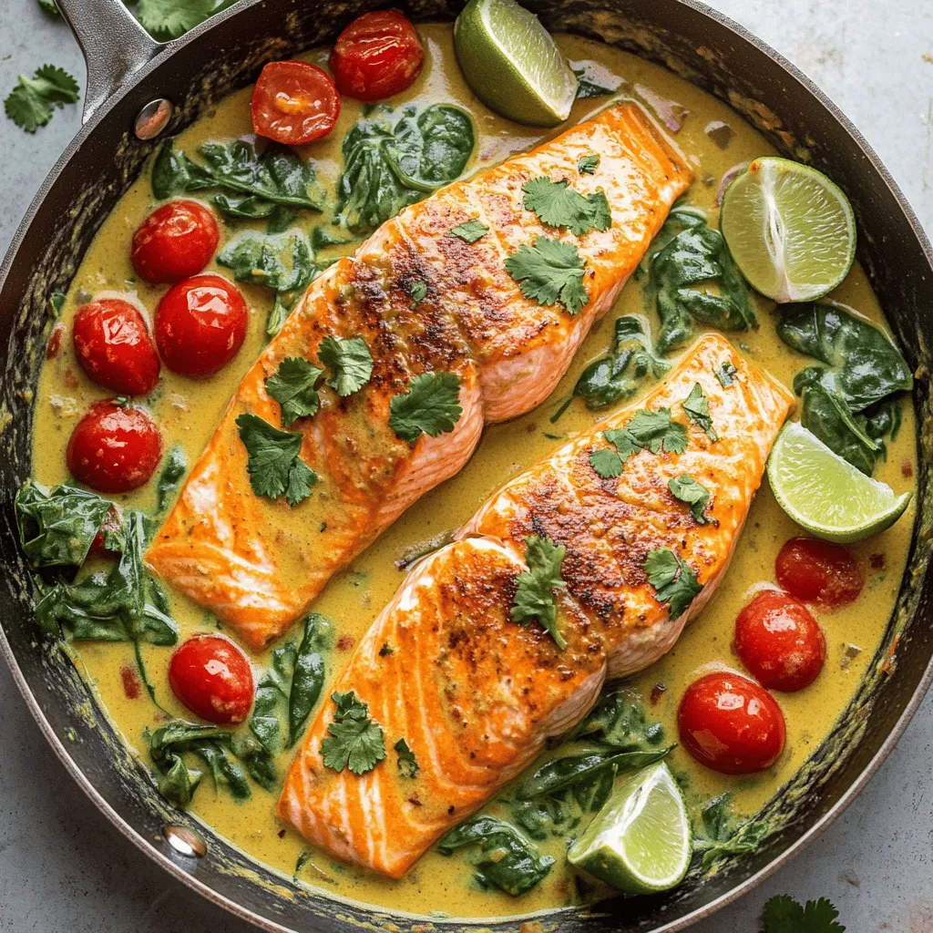 To make a Coconut Curry Salmon with Garlic Butter recipe, you need several key ingredients. First, you will need four salmon fillets. Fresh salmon is best for flavor and texture. Next, grab a can of coconut milk, which adds creaminess. You will also need red curry paste, which gives the dish its spicy kick.