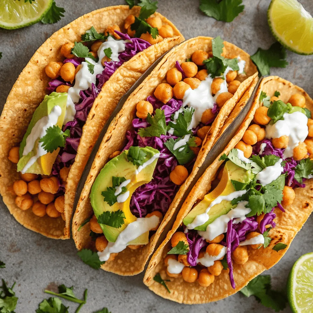 To make crispy chickpea tacos, you need simple ingredients. Here is what you will need: - 1 can (15 oz) chickpeas, drained and rinsed - 2 tablespoons olive oil - 1 teaspoon smoked paprika - 1 teaspoon ground cumin - 1 teaspoon garlic powder - 1/2 teaspoon cayenne pepper (adjust to taste) - Salt and black pepper to taste - 8 small corn tortillas - 1 cup shredded red cabbage - 1 avocado, sliced - 1/4 cup fresh cilantro, chopped - 1 lime, cut into wedges - 1/2 cup Greek yogurt (or dairy-free alternative) These ingredients come together to create a tasty and crunchy taco. The chickpeas provide protein and fiber. The spices add warmth and depth. Fresh toppings make each bite bright and fresh. You can customize your tacos with different toppings. Here are some ideas: - Sliced jalapeños for heat - Diced tomatoes for freshness - Crumbled feta or cheese - Hot sauce for extra spice These toppings can change the flavor and texture. Use what you like best. This recipe is great for many diets. Chickpeas are plant-based, making them vegan-friendly. You can use dairy-free yogurt for a fully vegan dish. If you want gluten-free, use corn tortillas. It's simple to adapt this dish to fit your needs. Enjoy the full recipe for Crispy Chickpea Tacos for a delicious meal! Start by opening your can of chickpeas. Drain them well and rinse under cool water. This step removes extra sodium and makes them cleaner. Spread the chickpeas on a kitchen towel. Pat them dry gently. This helps them become crispier later. Preheat your oven to 400°F (200°C). Lay the dried chickpeas on a baking sheet. Drizzle with olive oil. Next, sprinkle smoked paprika, ground cumin, garlic powder, cayenne pepper, salt, and black pepper on top. Toss the chickpeas until they are coated well. Bake for 20-25 minutes. Shake the pan halfway through cooking. This helps them turn golden and crispy. While the chickpeas bake, warm your corn tortillas in a skillet. Heat them for about 30 seconds on each side. Once the chickpeas are crispy, it’s time to assemble your tacos. Place a generous amount of chickpeas on each tortilla. Top with shredded red cabbage, avocado slices, and chopped cilantro. Drizzle Greek yogurt over everything. Squeeze fresh lime juice on top. Serve with lime wedges for extra flavor. Enjoy your crispy chickpea tacos! For the full recipe, refer to the earlier section. To get your chickpeas crispy, start with dry ones. Drain and rinse them well. Pat them dry using a clean towel. This step helps remove extra moisture. The drier your chickpeas, the crispier they will be. Next, toss them with olive oil and spices. Be sure every chickpea gets coated. Bake them at 400°F for 20-25 minutes. Shake the pan halfway through for even cooking. You want them golden brown and crunchy. To warm your tortillas, use a skillet or pan. Heat the pan over medium heat. Place a tortilla in the pan for about 30 seconds. Flip it over and heat the other side. This makes the tortilla soft and pliable. You can also wrap them in foil and warm them in the oven. This method keeps them warm longer. Either way, warm tortillas make a big difference. They hold fillings better and taste great. Add more flavor to your tacos with toppings. Shredded red cabbage adds crunch and color. Sliced avocado brings creaminess. Fresh cilantro adds a burst of flavor. For a zesty kick, squeeze lime juice on top. Greek yogurt gives a nice tang. You can also mix in hot sauce for extra heat. Feel free to experiment with spices too! Adding a pinch of chili powder or fresh herbs can elevate your dish. These small changes can turn your tacos into a flavor explosion. For the full recipe, check out the earlier section. {{image_2}} You can switch chickpeas for other proteins. Black beans work well for a hearty bite. Lentils are another great choice. They add nice flavor and texture too. If you prefer meat, try ground turkey or shredded chicken. Just cook them with the same spices for tasty results. To keep these tacos vegan, skip the Greek yogurt. Use a dairy-free yogurt instead. For gluten-free options, make sure to choose corn tortillas. They are naturally gluten-free and perfect for this dish. You can also try lettuce wraps for a fresh twist. Pair your tacos with a side of rice or quinoa. They add a nice balance to the meal. A simple salad with lime dressing also complements the tacos well. You might enjoy black bean salad or grilled corn on the side. Each adds color and flavor to your dinner. You can find the full recipe within this article for more ideas. To store leftovers, let the tacos cool first. Place the crispy chickpeas in an airtight container. Keep them separate from the tortillas and toppings. Store everything in the fridge for up to three days. This way, the chickpeas stay crispy, and the tortillas won’t get soggy. When reheating, I suggest using the oven. Preheat it to 350°F (175°C). Spread the chickpeas on a baking sheet and heat for about 10 minutes. This helps regain their crunch. For the tortillas, warm them in a skillet for 30 seconds on each side. You can also use a microwave, but the oven keeps them crispy. You can freeze the chickpeas if you have extra. Spread them on a baking sheet in a single layer. Freeze until solid, then transfer to a freezer bag. They will stay good for up to two months. When ready to use, bake them straight from the freezer for a quick meal. Just remember, the tortillas are best fresh, so freeze them separately. For the full recipe, visit the main article. The best way to season chickpeas is simple and quick. Use smoked paprika, cumin, garlic powder, and cayenne pepper. These spices add depth and warmth. You can also add salt and black pepper for taste. Toss the chickpeas well to coat them evenly. This helps each chickpea get a burst of flavor. Yes, you can use dried chickpeas. However, you need to soak and cook them first. Soak them overnight in water. This helps them soften. After soaking, boil them until tender. This process takes longer but can give you a fresher taste. If you want a substitute for Greek yogurt, you have options. You can use sour cream or a plant-based yogurt. Both give a nice creaminess. Another great option is avocado. Sliced or mashed avocado adds richness without dairy. To spice up your tacos, add more cayenne pepper. You can also use hot sauce or fresh jalapeños. Chopped fresh chili peppers work well, too. Don’t forget to taste your chickpeas as you season. Adjust spice levels based on your liking. You can prepare some parts ahead of time. Cook the chickpeas and store them in the fridge. Warm them up before serving. You can also prep the toppings like cabbage and avocado. Just keep them fresh until you assemble your tacos. For the best taste, it's good to eat them soon after making. Check out the Full Recipe for more details. This blog post covered how to make tasty crispy chickpea tacos. We looked at the main ingredients, cooking steps, and helpful tips. I also shared ways to switch up the recipe for everyone’s needs. Storing leftovers and reheating them is easy too. Chickpea tacos are simple, fun, and yummy. You can enjoy them your way. Try new toppings and flavors, and share them with family and friends. Happy cooking!