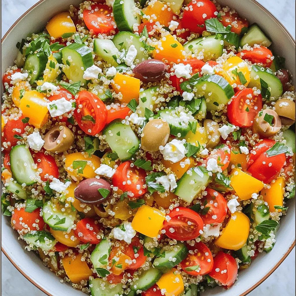 In this Mediterranean quinoa salad, each ingredient plays a role. The quinoa is the base. It cooks up fluffy and absorbs flavors well. Cherry tomatoes add sweetness and a pop of color. Cucumbers bring crunch and freshness. Bell peppers offer a crisp texture and vibrant color. Red onion adds sharpness. Kalamata olives give a briny taste. Feta cheese adds creaminess and saltiness. Finally, fresh herbs like parsley and mint brighten the dish. If you need a substitute for quinoa, try farro or bulgur. Both grains work well in salads. For vegetables, you can swap in zucchini or carrots. They add different textures and flavors. For a nutty taste, consider adding chickpeas instead of olives. - Quinoa: High in protein and fiber. It's a complete protein. - Cherry tomatoes: Rich in vitamins A and C. Great for skin health. - Cucumbers: Hydrating and low in calories. Good for digestion. - Bell peppers: Packed with vitamin C and antioxidants. Boosts immunity. - Red onion: Contains quercetin, which helps reduce inflammation. - Kalamata olives: Full of healthy fats. Good for heart health. - Feta cheese: Provides calcium and protein. Adds a savory flavor. - Parsley: High in vitamins A, C, and K. Supports overall wellness. - Mint: Aids digestion and adds a refreshing taste. - Olive oil: Rich in monounsaturated fats. Great for heart health. - Lemon juice: High in vitamin C. Adds brightness to dishes. For the full recipe, check out the instructions above. Enjoy the fresh and nutritious flavors of this dish! Start by rinsing 1 cup of quinoa under cool water. This step removes any bitter taste. Next, in a medium saucepan, combine the rinsed quinoa and 2 cups of vegetable broth or water. Bring this mix to a boil over medium-high heat. Once it boils, reduce the heat to low. Cover the pot and let it simmer for about 15 minutes. The quinoa will absorb the liquid and become fluffy. After cooking, remove it from heat and let it sit, covered, for an extra 5 minutes. Finally, fluff the quinoa with a fork and let it cool to room temperature. While the quinoa cools, chop the vegetables. You will need 1 cup of cherry tomatoes, halved, and 1 cucumber, diced. Next, chop 1 bell pepper, either red or yellow, and 1/2 small red onion, finely. Also, slice 1/2 cup of Kalamata olives. Add these fresh ingredients to a large bowl. Then, chop 1/4 cup of fresh parsley and 1/4 cup of fresh mint. These herbs add bright flavors to your salad. In a small bowl, whisk together 4 tablespoons of olive oil and 2 tablespoons of lemon juice. This dressing brings all the flavors together. Add salt and pepper to taste. Once mixed, pour the dressing over the quinoa and the vegetable mixture. Now, gently toss everything to combine well. Taste it and adjust the seasoning with extra salt and pepper if needed. For the full recipe, check out [Full Recipe]. To boost the flavor of your Mediterranean quinoa salad, use fresh herbs. Fresh parsley and mint bring bright notes. You can also add a pinch of garlic powder for depth. A splash of balsamic vinegar adds sweetness. Consider using spiced olive oil for a twist. Toasting the quinoa lightly before cooking can add a nutty taste. This salad is naturally vegetarian. To make it vegan, simply skip the feta cheese. You can replace it with avocado for creaminess. Another option is to use vegan cheese. Add chickpeas for extra protein. They blend well with the flavors in the salad. Presentation makes food more appealing. Serve the salad in a large bowl for sharing. Garnish with extra feta or olives on top. A sprinkle of fresh herbs adds color. You can also use colorful bowls to make it pop. For a fun touch, serve in individual cups. This makes it easy for guests to grab and enjoy. For an extra-refreshing twist, chill the salad before serving. Check out the Full Recipe for more serving ideas. {{image_2}} You can add protein to your Mediterranean quinoa salad easily. Chicken is a great choice. Grilled or roasted chicken adds a savory taste. Simply chop it into bite-sized pieces and mix it in. If you want a plant-based option, try chickpeas. Canned chickpeas are quick and easy. Rinse them well, then fold them into your salad. Both options boost protein and flavor. Using seasonal vegetables makes this salad fresh and tasty. In summer, add zucchini or fresh corn for sweetness. In fall, roasted butternut squash brings warmth and depth. You can also use leafy greens like spinach or kale for added nutrients. Just chop them up and mix them in with other veggies. If you need a gluten-free or grain-free option, try using cauliflower rice. Simply pulse cauliflower florets in a food processor until they resemble grains. You can also substitute quinoa with millet or buckwheat. Both options give a different texture but keep the salad hearty and wholesome. Adjust the cooking time based on your choice for best results. For the full recipe, check out the Mediterranean Quinoa Salad. To store your Mediterranean quinoa salad leftovers, use an airtight container. Make sure the salad cools first. This helps keep the flavors fresh. Place the container in the fridge. It will stay good for up to three days. If you notice any changes in smell or color, it’s best to toss it. Meal prep makes life easy! To prepare this salad ahead of time, cook the quinoa first. Let it cool down completely. Chop the vegetables and herbs. Store them in separate containers. Combine everything when you are ready to eat. This keeps the veggies crisp and fresh. The shelf life of the ingredients varies: - Quinoa lasts for about 2-3 years if stored dry. - Fresh vegetables like tomatoes and cucumbers stay fresh for about 1 week in the fridge. - Feta cheese lasts about 5-7 days once opened. - Fresh herbs, like parsley and mint, are best used within a week. Keeping track of these dates helps you enjoy your salad at its best. For the full recipe, check the section above. To make Mediterranean Quinoa Salad, start by rinsing 1 cup of quinoa. Then, boil it with 2 cups of vegetable broth or water. Cook until the quinoa is fluffy, around 15 minutes. While it cools, chop your veggies: 1 cup of cherry tomatoes, 1 cucumber, and 1 bell pepper. Add in 1/2 small red onion and 1/2 cup of sliced Kalamata olives. Once the quinoa cools, mix it all in a large bowl. Add 1/2 cup of crumbled feta cheese, 1/4 cup of chopped parsley, and 1/4 cup of chopped mint. Whisk together 4 tablespoons of olive oil and 2 tablespoons of lemon juice for the dressing. Pour it over the salad and toss. For the full recipe, check the details above! Yes, you can prepare this salad ahead of time. It tastes great when chilled. Make it a few hours before serving, or even the night before. Just store it in the fridge in a sealed container. The flavors blend well over time. Just be sure to add the dressing right before you serve it. This keeps the salad fresh and crunchy. You can serve Mediterranean Quinoa Salad with many dishes. It pairs well with grilled chicken or fish. You can also enjoy it with pita bread and hummus. For a lighter meal, serve it with a simple soup. This salad is versatile and fits many meals. This blog post provided a complete guide to making Mediterranean Quinoa Salad. We explored key ingredients, cooking steps, and various storage tips. You learned how to enhance flavors and adapt recipes for different diets. Remember, this salad is not only tasty but also healthy. You can adjust ingredients to fit your needs. Keep it fresh and serve it well. With practice, you’ll master this dish in no time. Enjoy the process and let your creativity shine through!