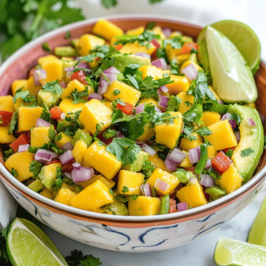 To make a tasty mango avocado salsa, gather these fresh ingredients: - 1 ripe mango, peeled and diced - 2 ripe avocados, diced - 1 small red onion, finely chopped - 1 red bell pepper, diced - 1 jalapeño pepper, deseeded and minced - 1/4 cup fresh cilantro, chopped - Juice of 2 limes - 1 tablespoon olive oil - Salt and pepper to taste These ingredients work together to create a vibrant and fresh flavor. You can add extra ingredients if you want to boost the taste: - Corn for sweetness and crunch - Black beans for protein and texture - Mango juice for added sweetness - Garlic for a punch of flavor Adding these options can make your salsa unique and exciting. Mango avocado salsa is not just tasty; it is also good for you! Here are some key points: - Mangoes are rich in vitamins A and C. - Avocados provide healthy fats and fiber. - This salsa is low in calories but high in flavor. Enjoy this salsa without guilt! You can find the full recipe to enjoy this dish at home. First, pick a ripe mango. It should feel soft, but not mushy. Peel the mango and slice it into small cubes. Next, choose ripe avocados. Cut them in half and remove the pit. Scoop the flesh out gently with a spoon. Dice the avocado into chunks. Add the mango and avocado to a large mixing bowl. Be careful when mixing to keep the avocado from mashing. Now, it's time to add the other veggies. Finely chop a small red onion and add it to the bowl. Dice a red bell pepper and toss it in as well. For some heat, take a jalapeño pepper, deseed it, and mince it. Add that to the mix. Gently stir all the ingredients together so they combine well. We want a colorful mixture with all those fresh flavors. To bring all the flavors together, add fresh cilantro to the bowl. About 1/4 cup should do nicely. Squeeze the juice of two limes over the salsa. Drizzle one tablespoon of olive oil on top. Finally, season with salt and pepper to taste. Mix everything gently so you don’t mash the avocado. Let the salsa sit for 10 to 15 minutes. This allows the flavors to blend beautifully. You can find the full recipe if you want to follow along step-by-step! To make the best mango avocado salsa, start with fresh ingredients. Choose ripe mangoes and avocados. This ensures a sweet and creamy taste. Look for mangoes with a slight give when you press them gently. For avocados, the skin should be dark and slightly soft. If you can, use organic produce. It often tastes better and is healthier. Cutting mangoes and avocados can seem tricky. First, slice the mango along the pit. Then, make crosshatch cuts in the flesh. Scoop out the cubes with a spoon. For avocados, cut them in half and remove the pit. Use a spoon to scoop out the flesh. Dicing them carefully helps keep them intact in your salsa. To boost flavor, add lime juice right before serving. It brightens the dish and keeps the avocados green. You can mix in a pinch of cumin for warmth. This salsa pairs well with grilled fish or chicken. It also tastes great with tortilla chips. For a twist, try adding diced pineapple or mango for extra sweetness. You’ll love how these flavors blend. For the full recipe, check out the complete instructions. {{image_2}} To make a spicy mango avocado salsa, add more heat. Use two jalapeños instead of one. You can also include a minced serrano pepper for extra kick. For a smoky twist, try adding chipotle powder or diced smoked paprika. These additions enhance the flavor and give a nice heat. Want to switch it up? Add more tropical fruits! Pineapple, kiwi, or papaya work great. Just chop them into small pieces. This creates a sweet and tangy blend. You can also mix in fresh mint for a refreshing taste. These additions make your salsa fun and colorful. Keeping it healthy? Make a low-sodium version by skipping the salt. Use lime juice for flavor instead. If you want a vegan salsa, rest assured this recipe is already vegan! Just ensure that any added ingredients, like chips or sides, are also vegan-friendly. This way, everyone can enjoy the fresh taste. For the full recipe, check out the detailed instructions above. To keep your mango avocado salsa fresh, use an airtight container. This helps prevent air from getting in and causing spoilage. Make sure the salsa is cool before sealing the container. If you plan to store it for more than a day, press plastic wrap directly onto the surface. This extra step reduces oxidation and keeps the colors bright. You can safely store mango avocado salsa in the fridge for about 2 to 3 days. After that, the avocado may turn brown, and the flavors will fade. Always check for any off smells or changes in texture before eating. If you see browning, it’s best to toss it out. Remember, fresh salsa tastes best! Freezing salsa is handy for long-term storage. However, keep in mind that the texture of avocado changes when frozen. To freeze, place the salsa in a freezer-safe container, leaving some space at the top. Thaw it in the fridge overnight before using. While it may not be as fresh, it will still taste good. For the full recipe, check out the complete details to create your salsa! Yes, you can use frozen mango. Thaw it first, then drain excess water. Fresh mango gives the best taste, but frozen works well in a pinch. Just remember to chop it into small pieces to keep the salsa balanced. Mango avocado salsa shines with many dishes. It works great with grilled fish, chicken, or shrimp. You can also serve it with tacos or as a dip with chips. The fresh flavors brighten up any meal. To kick up the heat, add more jalapeño. You can also mix in diced serrano peppers for extra spice. If you want a smoky flavor, try adding smoked paprika. Taste as you go to find your perfect level of heat. Store leftover salsa in an airtight container. It stays fresh in the fridge for 1-2 days. The flavors may change slightly, but it will still taste good. Avoid freezing it, as the texture will change when thawed. Absolutely! Pineapple or mango adds sweetness. You could also try adding diced kiwi or peach for a fun twist. Mixing different fruits creates exciting flavors and textures in your salsa. Yes, mango avocado salsa is very healthy. It contains fresh fruits and vegetables that are full of vitamins. Avocados provide healthy fats. This salsa is a great addition to a balanced diet. Feel free to check the full recipe for detailed instructions and tips! This blog post covers how to make Mango Avocado Salsa, focusing on fresh ingredients, preparation, and storage. You learned how to cut mango and avocado and mix them for the best taste. We explored tips for keeping your salsa fresh and offered variations to suit different diets. In conclusion, this salsa is fun and easy to make. Use fresh, ripe ingredients for the best flavor. Enjoy it with your meals or as a snack. I hope you feel ready to create your own salsa masterpiece!