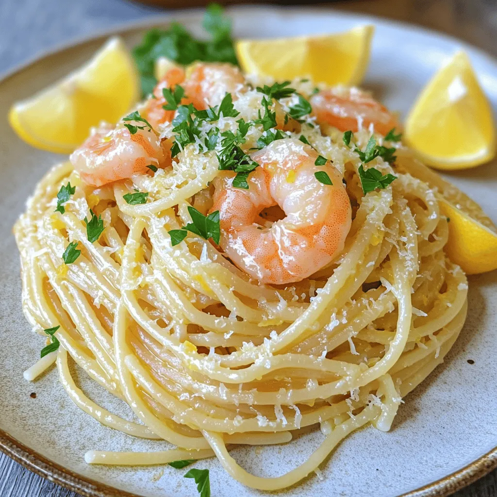 For the perfect Lemon Garlic Shrimp Pasta, you need fresh and simple ingredients. Here’s what you will gather: - 8 oz spaghetti or linguine - 1 lb large shrimp, peeled and deveined - 4 cloves garlic, minced - 1/4 cup extra-virgin olive oil - Juice and zest of 1 large lemon - 1/2 teaspoon red pepper flakes (adjust to taste) - 1/4 cup fresh parsley, chopped - Salt and pepper to taste - Grated Parmesan cheese (for serving) - Lemon wedges (for garnish) Each ingredient plays a key role in building flavor. The shrimp brings a sweet taste, while garlic adds depth. Lemon juice and zest give a bright zing, making the dish lively. Olive oil provides a rich base that ties all the flavors together. When choosing shrimp, look for large, fresh shrimp. They should be firm and smell clean. Fresh herbs like parsley elevate the dish, adding color and freshness. These ingredients come together to create a dish that feels both fancy and comforting. You can find the full recipe in the article to make this delightful meal. Enjoy every bite! Start by bringing a large pot of salted water to a boil. This step is key for flavor. Once it boils, add the spaghetti or linguine. Cook it according to the package instructions until it is al dente. This usually takes about 8-10 minutes. Don’t forget to reserve a half cup of pasta water before draining the pasta. This water helps to create a smooth sauce later. While the pasta cooks, heat olive oil in a large skillet over medium heat. Add the minced garlic and red pepper flakes to the hot oil. Sauté them for about 1-2 minutes. You want the garlic to be fragrant but not burned. This step brings out the best flavors. Now, it’s time to add the shrimp to the skillet. Increase the heat to medium-high. Cook the shrimp for 2-3 minutes on one side. When they turn pink, flip them over. Cook for another 1-2 minutes until they are pink on both sides. This means they are perfectly cooked. Once the shrimp is done, pour in the lemon juice and zest. Stir everything together. If the mixture looks too dry, add a bit of the reserved pasta water. This helps create a light and tasty sauce that clings to the pasta. Next, add the drained pasta directly into the skillet. Toss everything together until the pasta is well coated with the lemon garlic sauce. Season with salt and pepper to taste. This step ensures every bite is packed with flavor. Finally, stir in the chopped parsley for a fresh finish. Remove the skillet from heat. Serve the dish right away. Top it with grated Parmesan cheese and lemon wedges on the side for extra zest. Enjoy your meal! For the full recipe, check out the link. For a tasty Lemon Garlic Shrimp Pasta, you want the right pasta. I often use spaghetti or linguine because they hold the sauce well. Both options are great for shrimp dishes. If you prefer whole grain, try whole wheat pasta. It adds a nice texture and flavor. If you're gluten-free, there are many tasty gluten-free pastas available now. Just cook them according to the package instructions. Shrimp can cook fast, so you need to watch it closely. To avoid overcooking, cook shrimp until pink and opaque. This usually takes just 2-5 minutes. If shrimp curl up tightly, they are likely overcooked. Perfectly cooked shrimp should be tender and juicy, not rubbery. Always buy fresh or frozen shrimp that is high quality for the best results. Want to boost the flavor? Fresh herbs like basil and cilantro work well. You can also add a pinch of oregano or thyme for more depth. If you like heat, try adding more red pepper flakes. For a twist, consider adding sun-dried tomatoes or olives. These ingredients can change the dish's profile and add new taste notes. You can find the full recipe [here]. {{image_2}} You can make Lemon Garlic Shrimp Pasta even better by adding vegetables. Broccoli, bell peppers, and spinach work well. These veggies add color and nutrients. To add them, simply sauté them with the garlic. Cook them until they are tender, about 3-4 minutes. Then, add the shrimp and continue with the recipe. You can also mix in cherry tomatoes for a sweet touch. If you want a creamier sauce, you have options. You can add heavy cream or cream cheese to the lemon garlic sauce. This will give the dish a rich flavor. Another tasty choice is to make a lemon butter sauce. To do this, melt butter in the skillet after cooking the shrimp. Then, add lemon juice and zest. This will create a luscious sauce that coats the pasta well. You can easily switch shrimp for other proteins. Chicken or tofu are great options. If you use chicken, cut it into small pieces and cook it first in the skillet. This will take about 5-7 minutes. If you go for tofu, use firm tofu and cube it. Sauté it until golden brown. Adjust the cooking time to ensure your protein is fully cooked. This way, you can enjoy a different dish while keeping the same great flavors. To keep your Lemon Garlic Shrimp Pasta fresh, place it in an airtight container. This helps prevent it from drying out. You can store it in the fridge for up to three days. After that, the shrimp may lose its taste and texture. Ensure you let it cool to room temperature before sealing it in the container. This method keeps your pasta delicious for later enjoyment. When you’re ready to eat the leftovers, reheating gently is key. You can use the microwave, but add a splash of water to keep it moist. Heat it in short bursts of 30 seconds. Stir in between to avoid hot spots. Alternatively, you can reheat in a skillet over low heat. This allows the pasta to warm up evenly and keeps the shrimp tender. Yes, you can freeze Lemon Garlic Shrimp Pasta! However, for the best results, freeze it without the shrimp. Cook the shrimp fresh when you reheat the dish. Before freezing, let the pasta cool completely. Then, portion it into freezer-safe bags or containers. Squeeze out excess air to prevent freezer burn. It will stay good for up to three months. When you’re ready to enjoy it, thaw it in the fridge overnight before reheating. Enjoy your meal whenever you crave it! If you want to swap out shrimp, there are great options. - Common seafood substitutes: - Scallops work well for a sweet flavor. - Crab meat adds a nice texture. - Fish like salmon or cod can suit your taste. - Vegetarian options for the dish: - Use firm tofu for a protein boost. - Try chickpeas for a hearty choice. - Zucchini noodles can replace pasta for a light meal. To kick up the heat in this dish, you have options. - Suggestions for increasing heat level: - Add more red pepper flakes for extra spice. - Try fresh chilis for a vibrant flavor. - Adjusting red pepper flakes or using fresh chilis: - Start small and add more if needed. - Fresh chilis can bring a bold kick. Pairing wine can elevate your meal. - Recommendations for white wine or alternatives: - A crisp Sauvignon Blanc complements the lemon. - Chardonnay brings a creamy touch to balance flavors. - Tips for serving wine with pasta: - Serve wine chilled for a refreshing contrast. - Use the same wine in cooking for harmony. This dish has many nutritional benefits. - Overview of nutritional benefits: - Shrimp is high in protein and low in calories. - Olive oil provides healthy fats. - Suggestions for making it lighter: - Use whole wheat pasta for more fiber. - Cut back on oil and cheese for fewer calories. For the full recipe, check out the [Full Recipe]. This recipe for Lemon Garlic Shrimp Pasta is simple and full of flavor. You’ve learned about the key ingredients, steps, and some helpful tips to make your dish a success. Feel free to experiment with variations to suit your taste. For example, add your favorite vegetables or switch proteins for a new twist. Whether you serve it fresh or save leftovers, this meal is sure to impress. Enjoy your delicious creation and share it with family and friends!